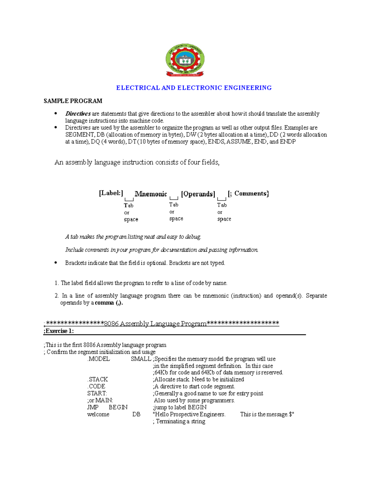 Assembler exercise 1 - ELECTRICAL AND ELECTRONIC ENGINEERING SAMPLE ...