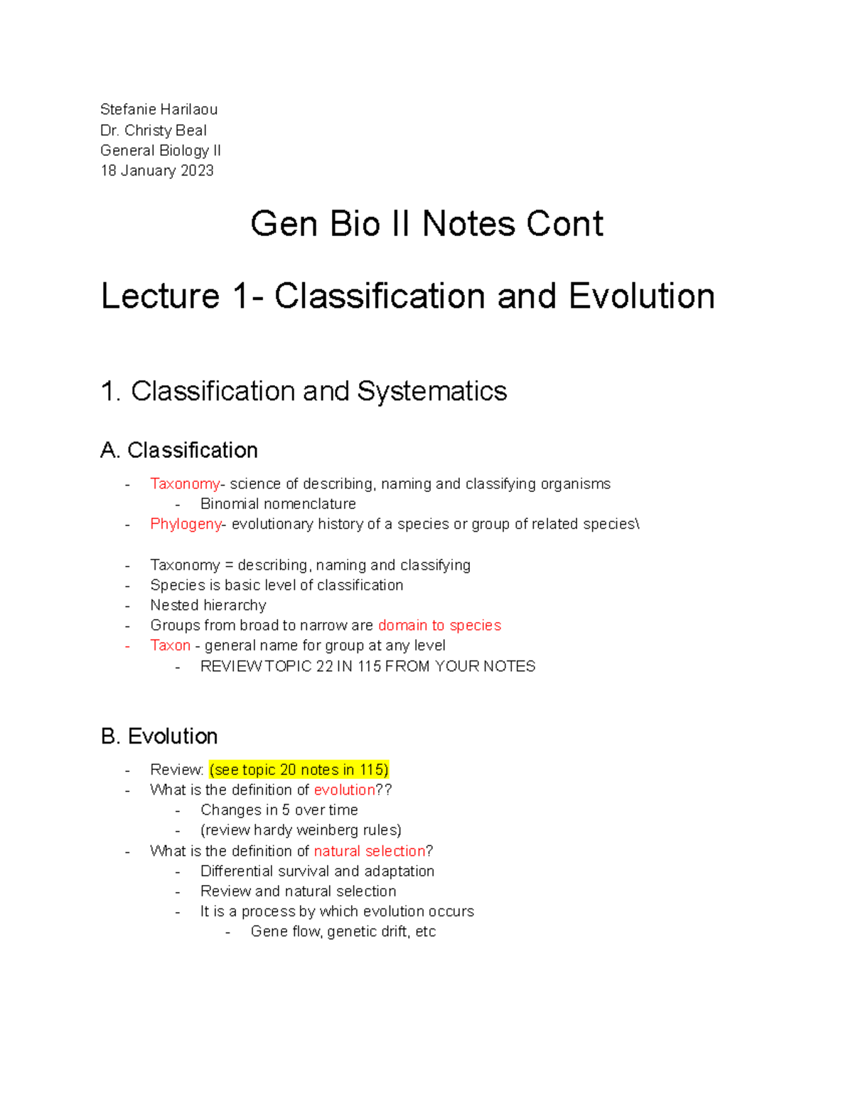 Gen Bio II Notes - Stefanie Harilaou Dr. Christy Beal General Biology ...