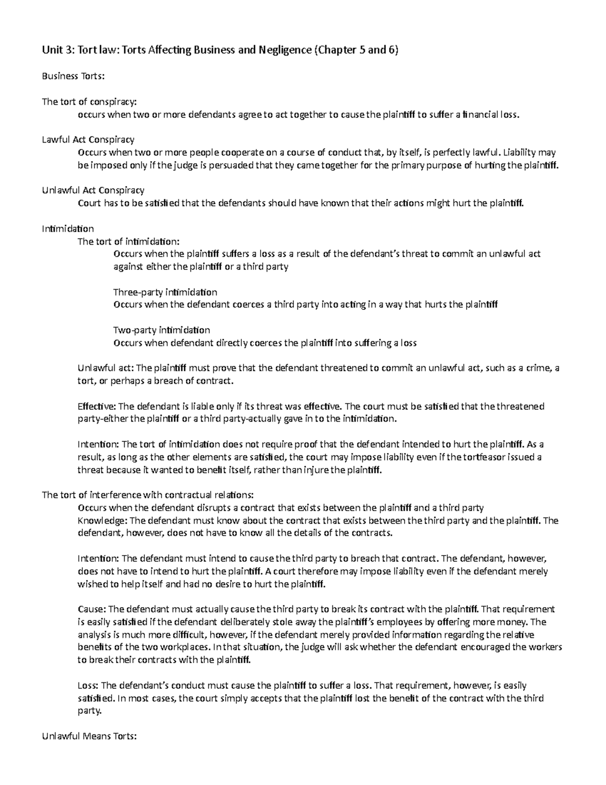 Unit 3 - Lecture Notes 3 - Unit 3: Tort Law: Torts Affecting Business ...