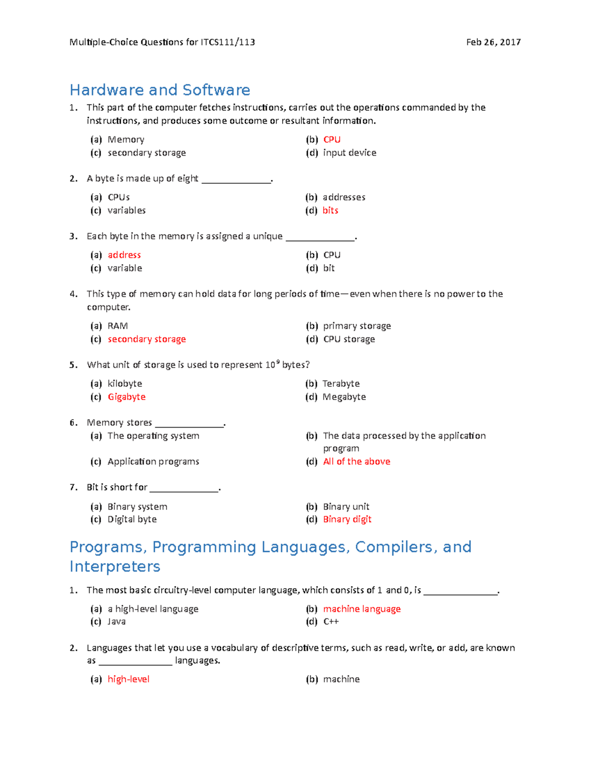 ITCS113MCQ computer science Hardware and Software This part of the