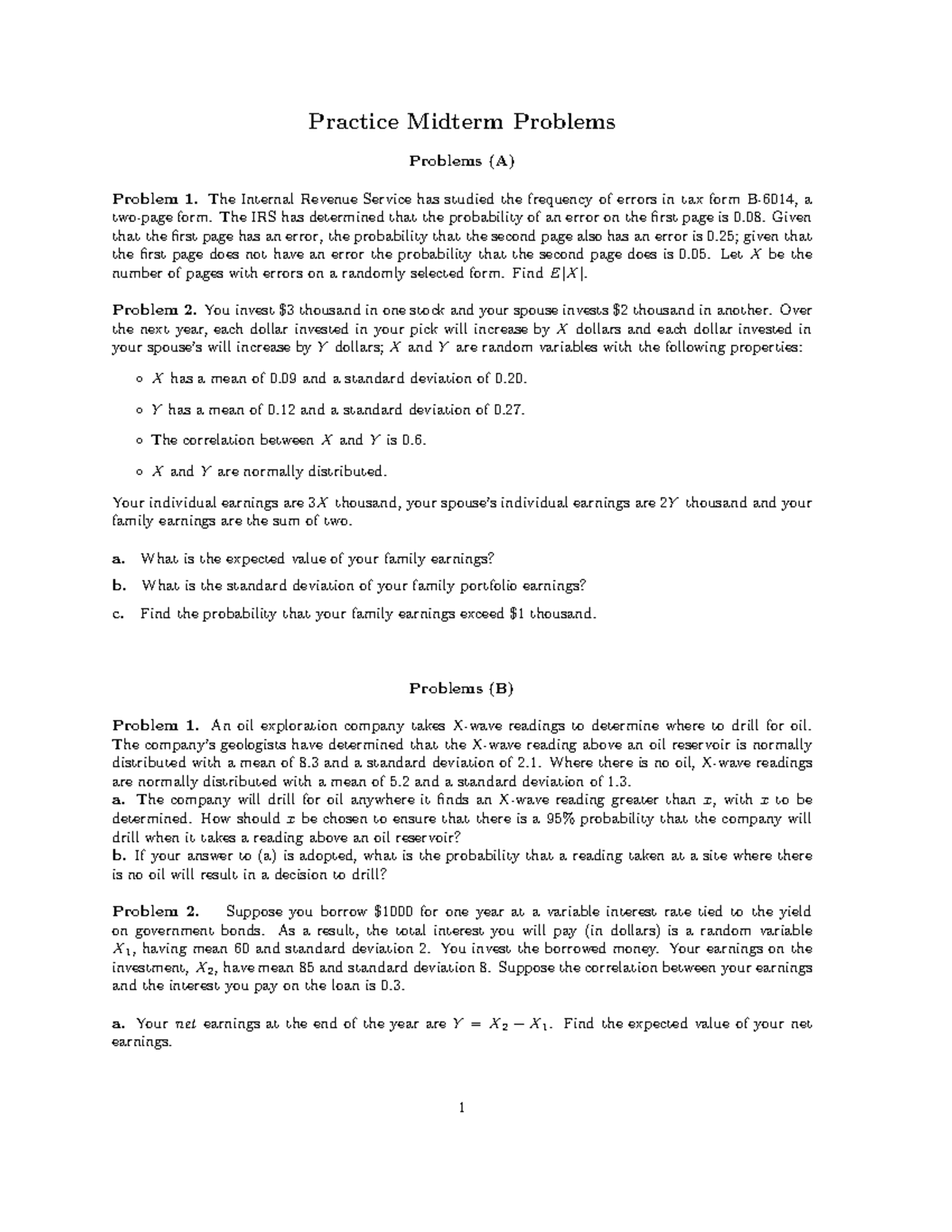 Midterm Practice Problems - Practice Midterm Problems Problems (A ...