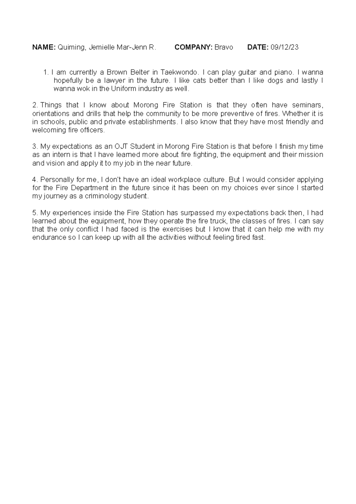 Assignment-BFP - Experience in OJT at BFP - NAME: Quiming, Jemielle Mar ...