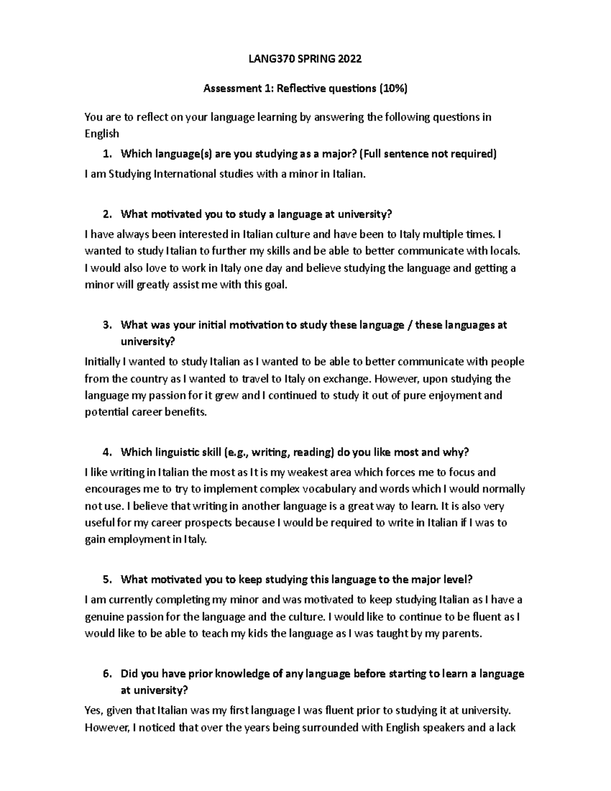 Reflective questions - What motivated you to study a language at ...