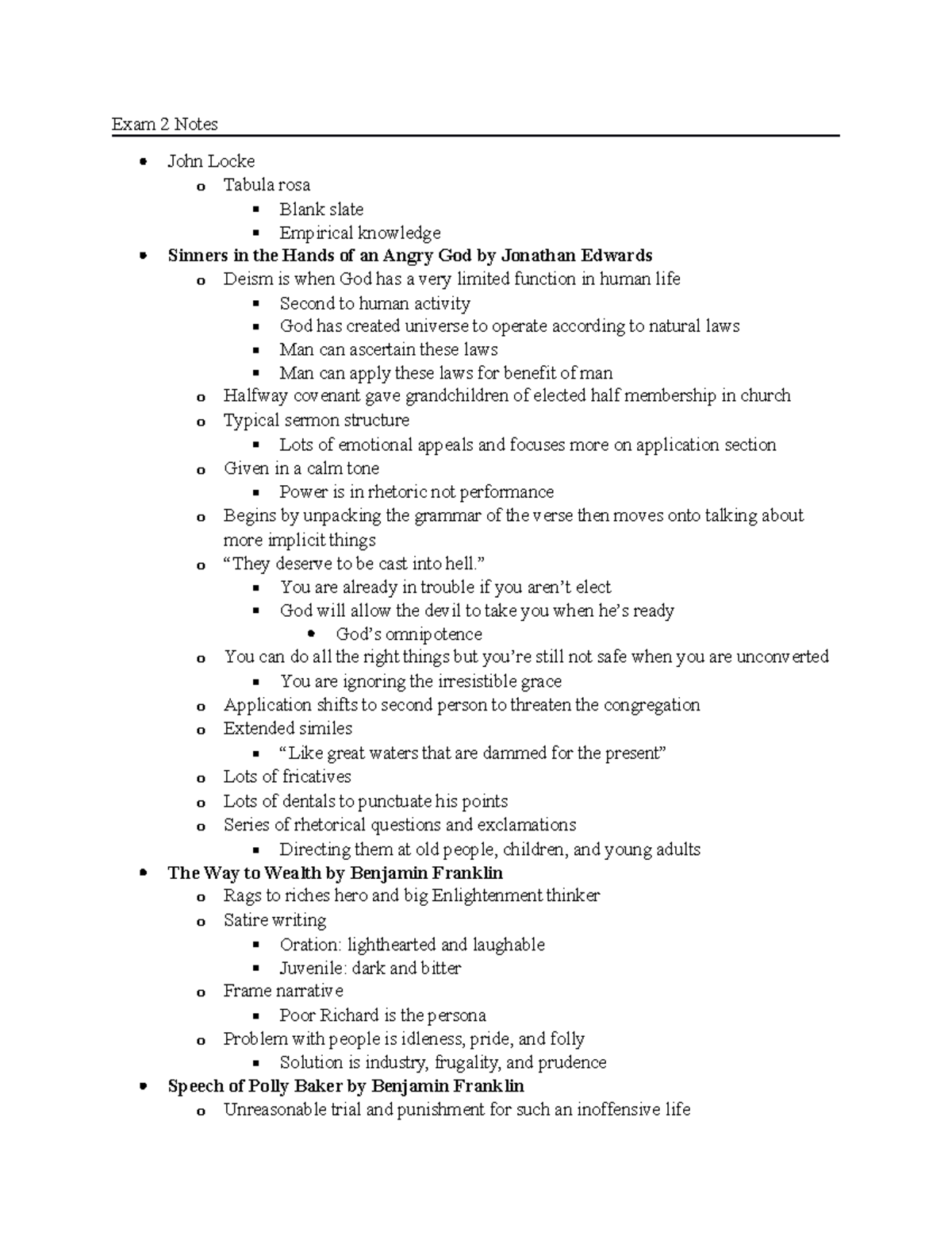 Exam 2 Notes - Exam 2 Notes John Locke o Tabula rosa Blank slate ...