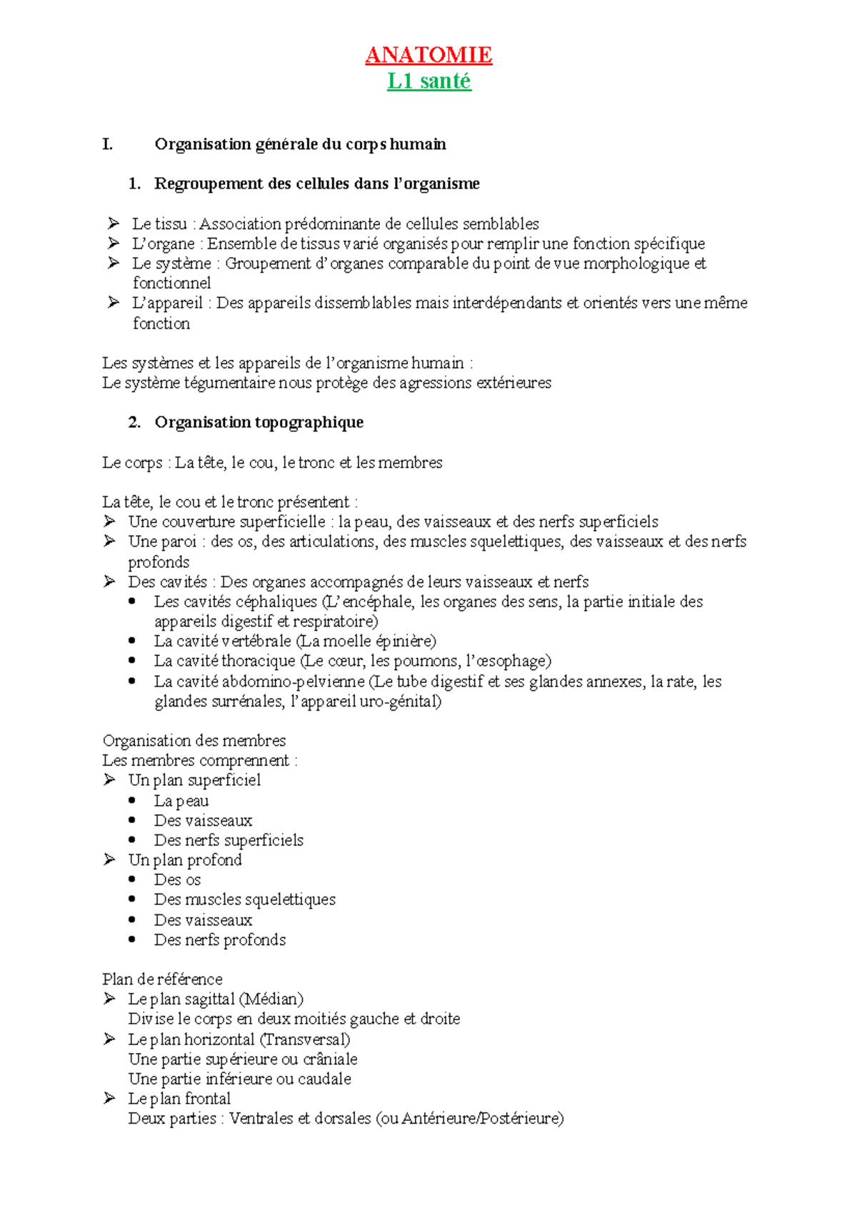 Anatomie Synthèse - ANATOMIE L1 Santé I. Organisation Générale Du Corps ...