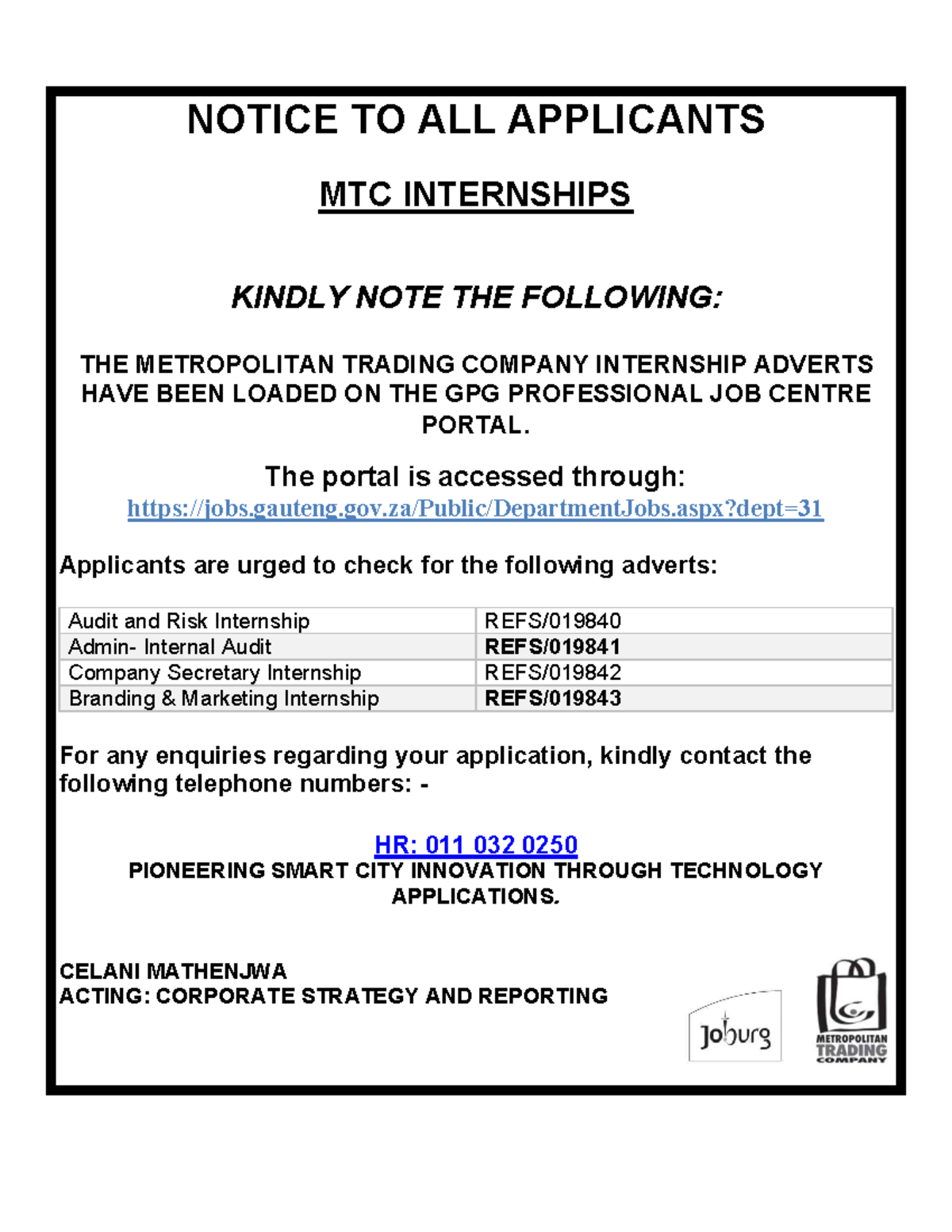 Notice- MTC Internship Adverts 2024 - NOTICE TO ALL APPLICANTS MTC ...