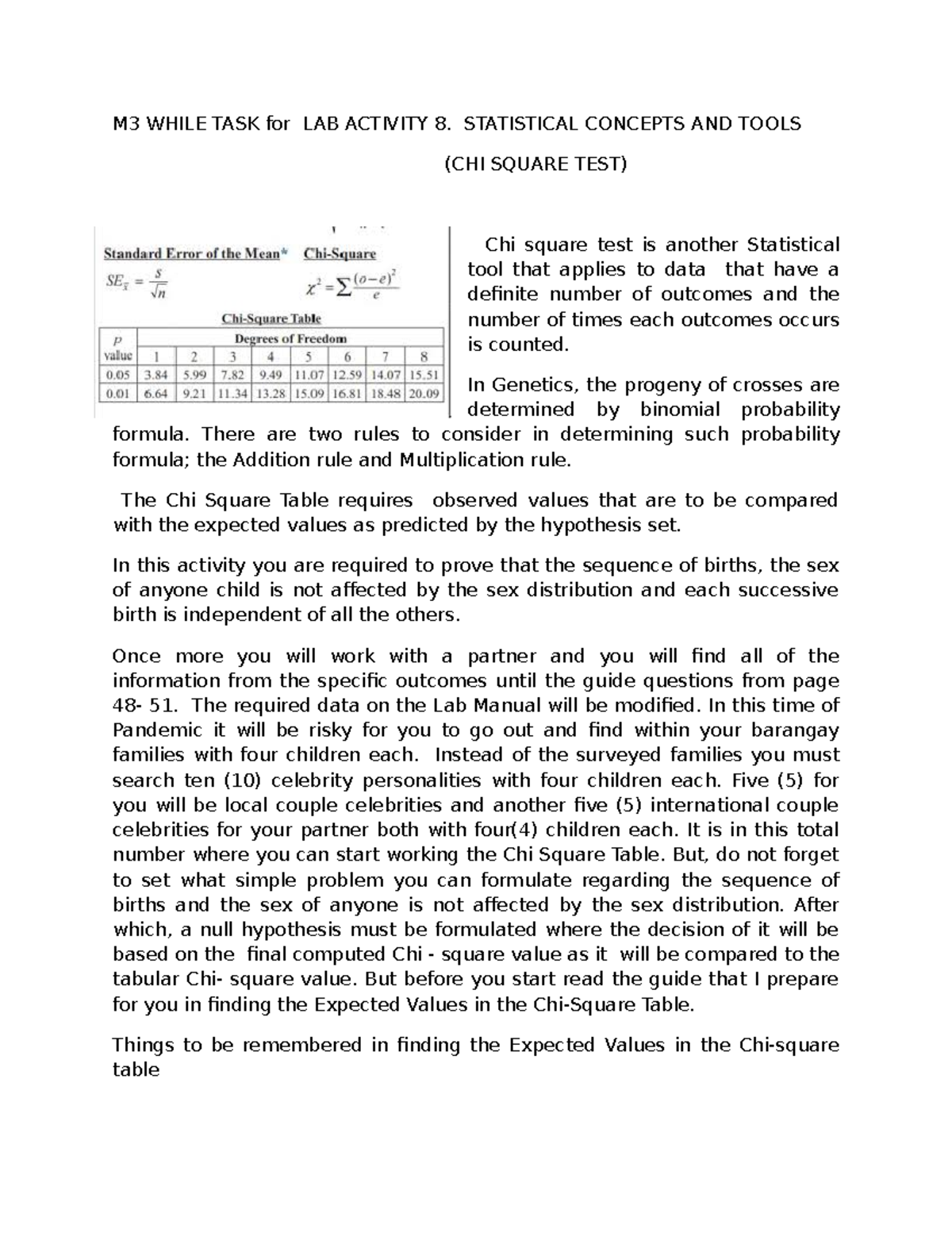 Guide For Activity 8 M3 While Task For Lab Activity 8 Statistical