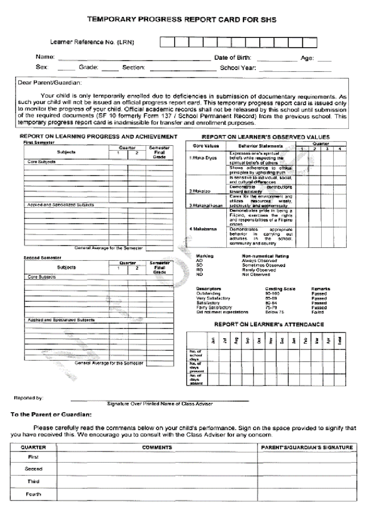 Temporary Progress Report Card SHS - Bachelors of Science in Business ...