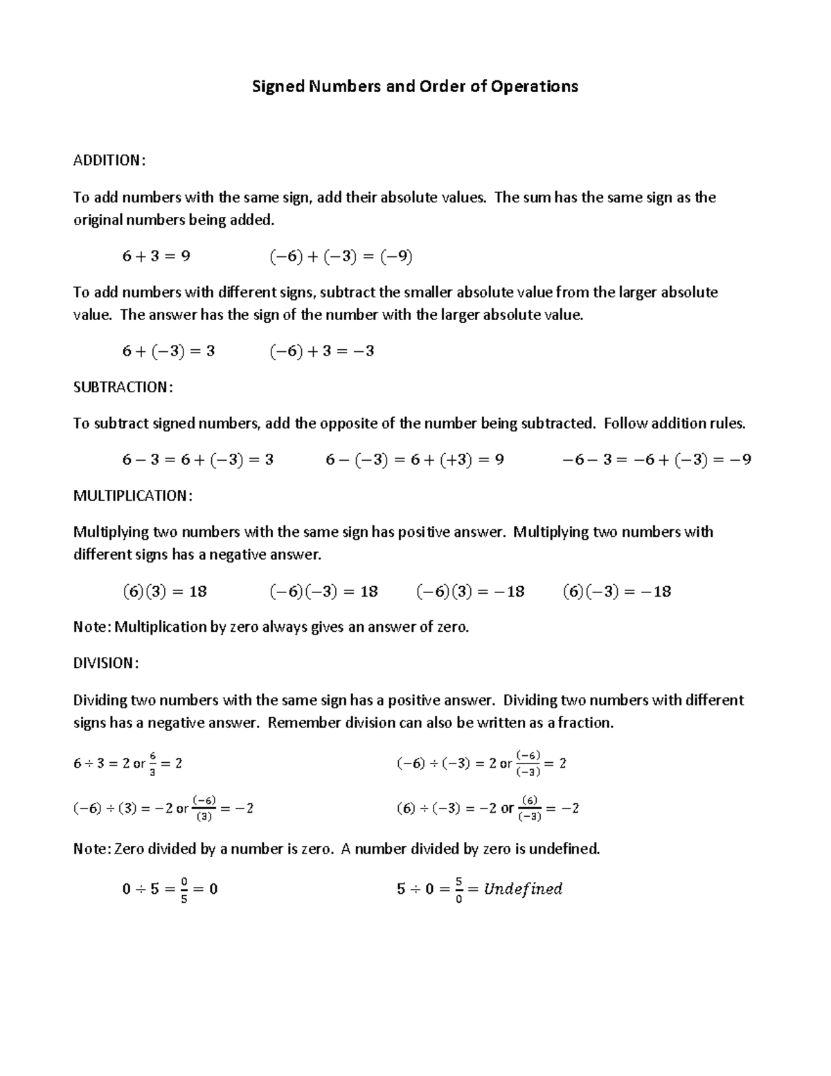 Laws of Signed Numbers and Order of Operations Algebra Signed Numbers
