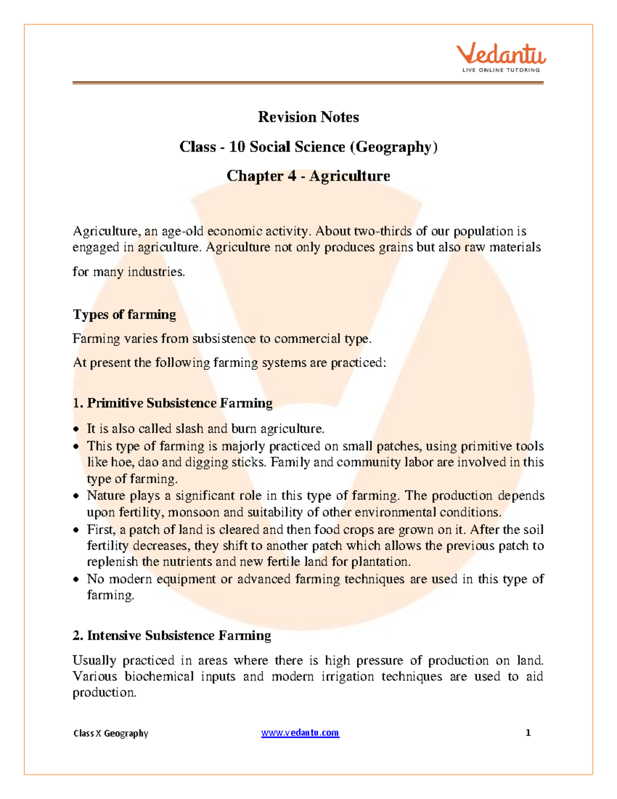 CBSE Class 10 Geography Chapter 4 Notes - Agriculture - Revision Notes ...