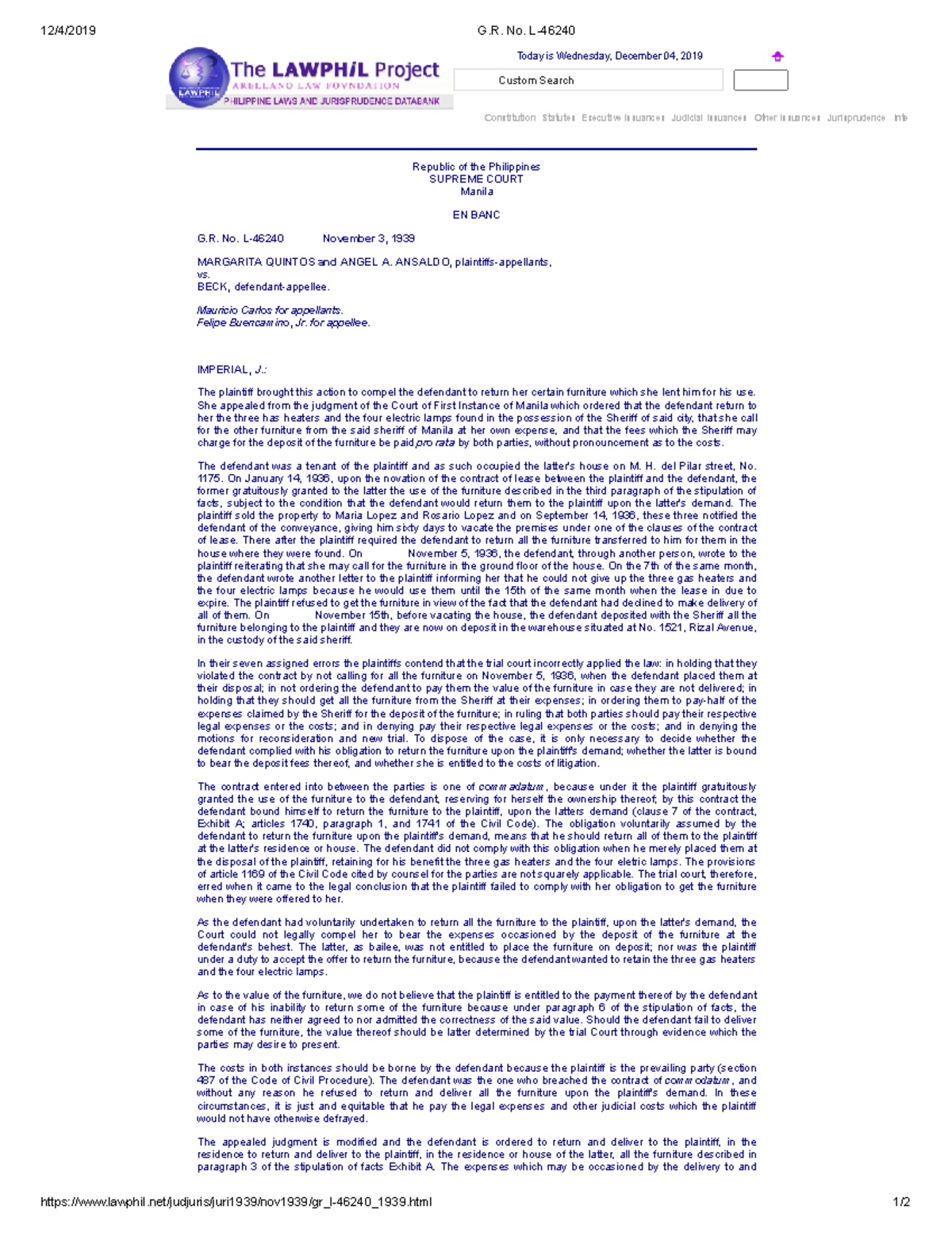 G.R. No. L46240 Quintos vs Beck 12/4/2019 G. No. L Studocu