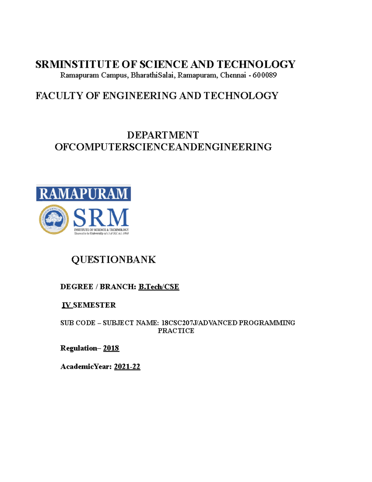 Model Question Bank CSE APP - answers - SRMINSTITUTE OF SCIENCE AND ...