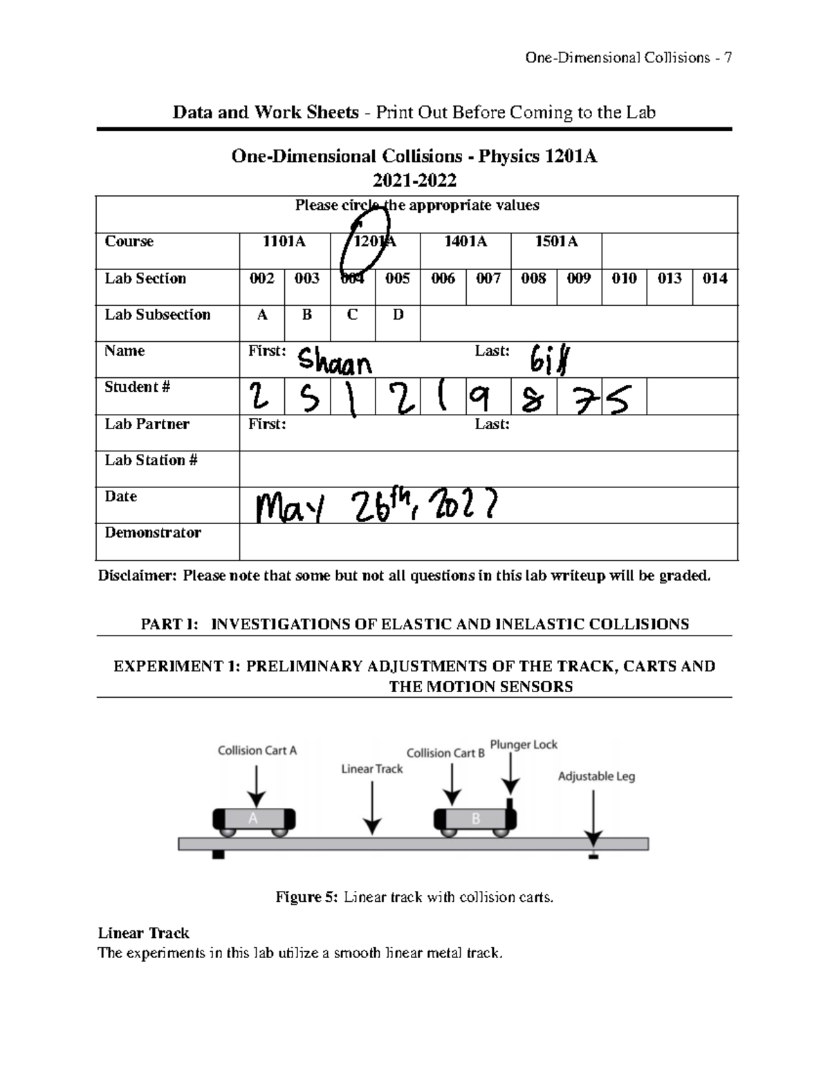 Su22Phys1201 Collisions Worksheets-1 - Data and Work Sheets - Print Out ...
