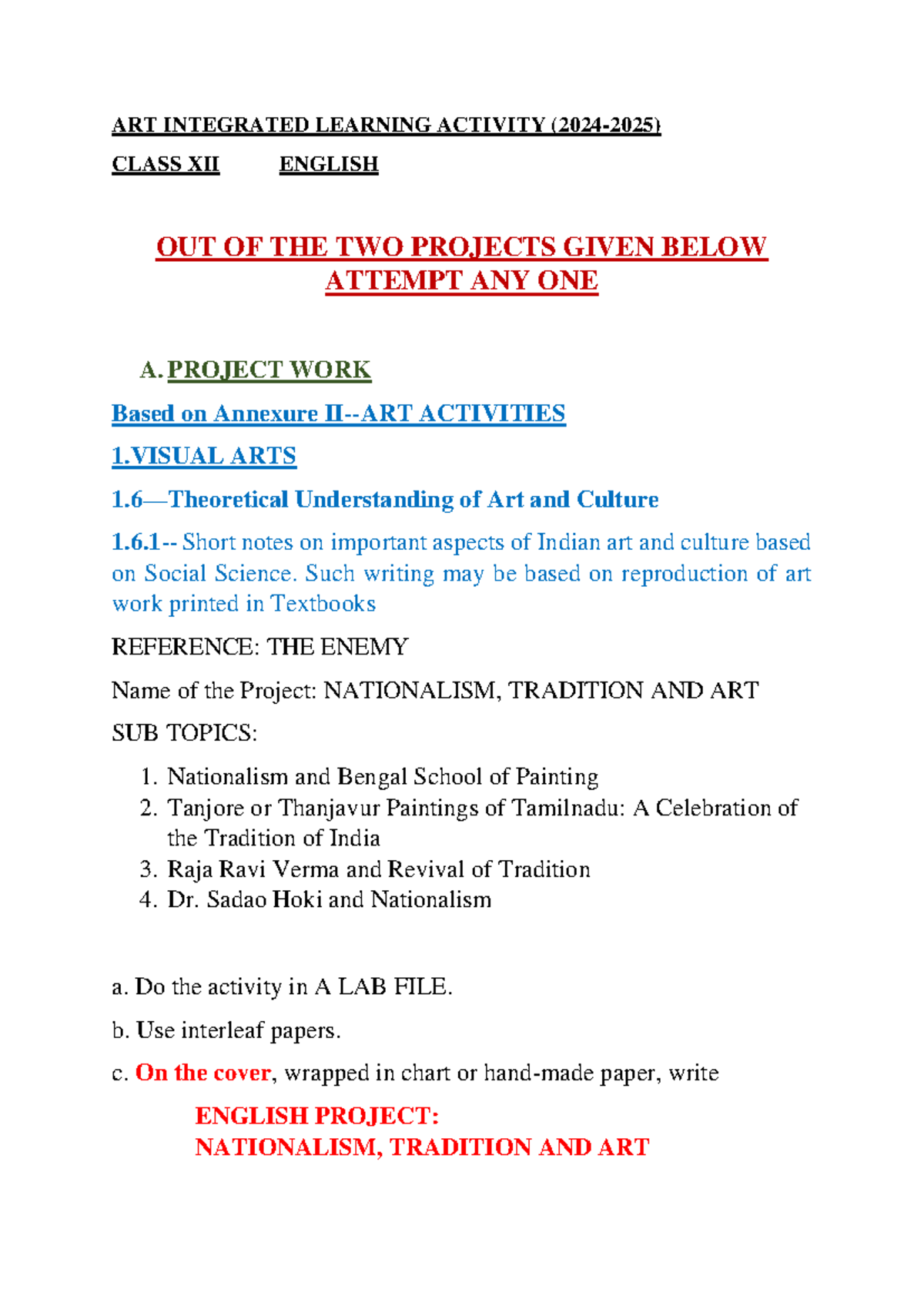 ART Integrated Learning Activity Class XII (2024-2025) - ART INTEGRATED ...