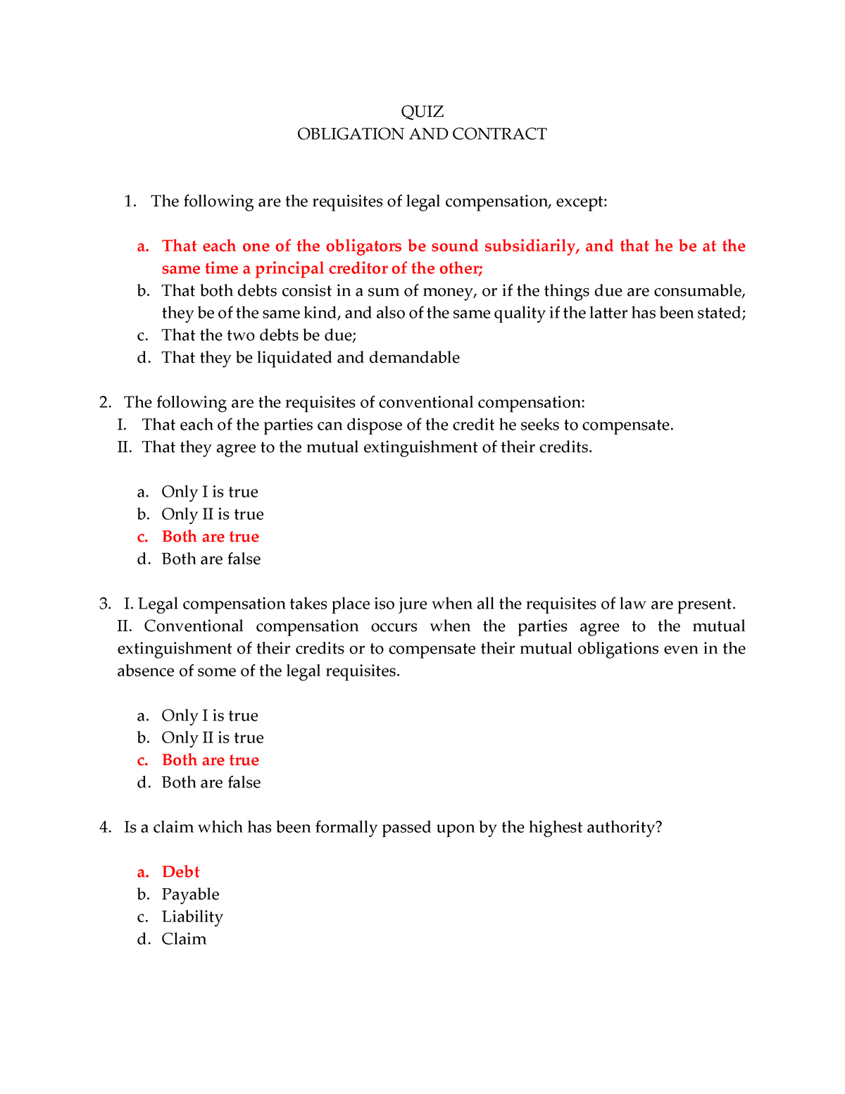 Obligation AND Contract QUIZ - QUIZ OBLIGATION AND CONTRACT The ...