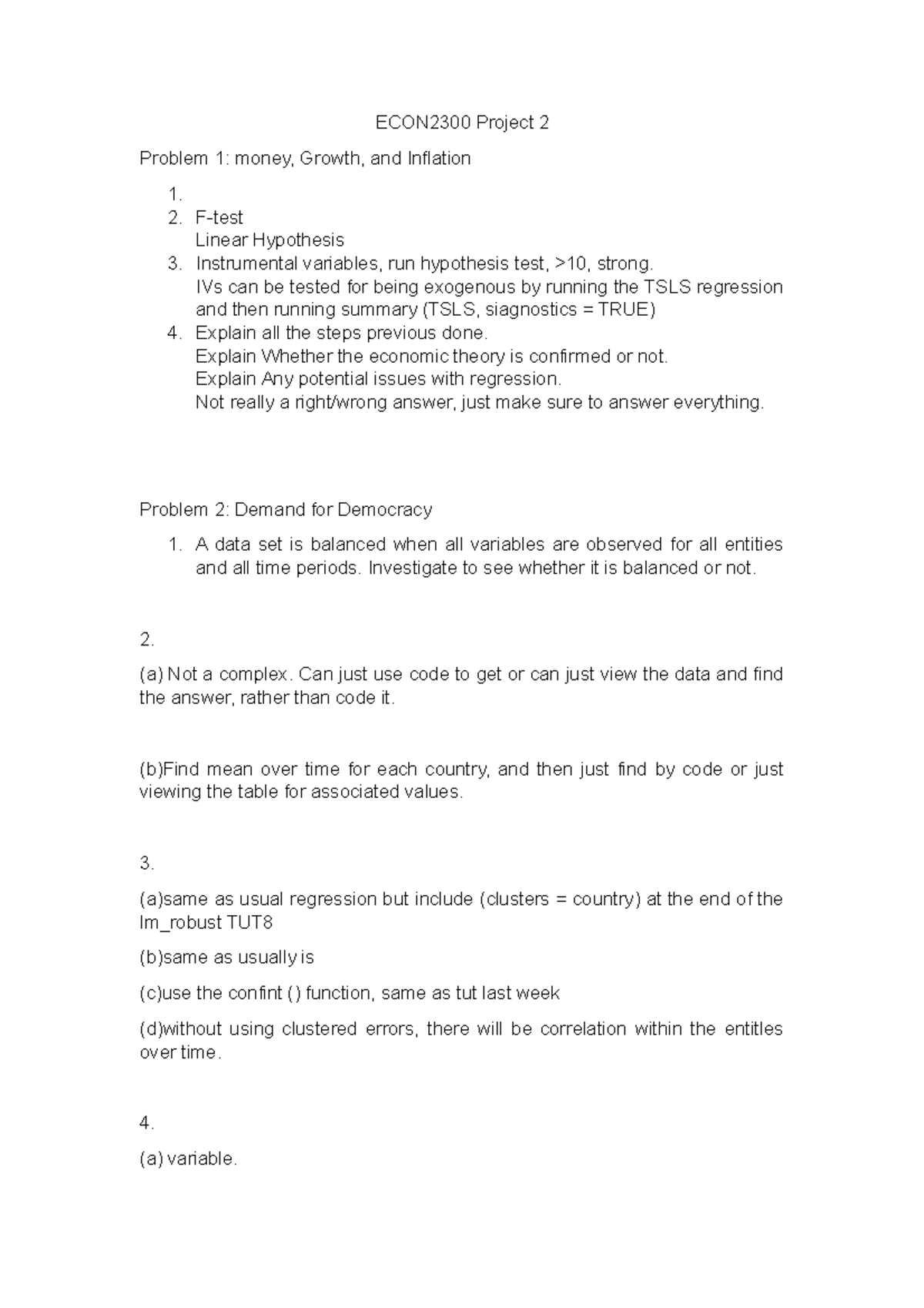 2300 Project 2 - ECON2300 Project 2 Problem 1: Money, Growth, And ...