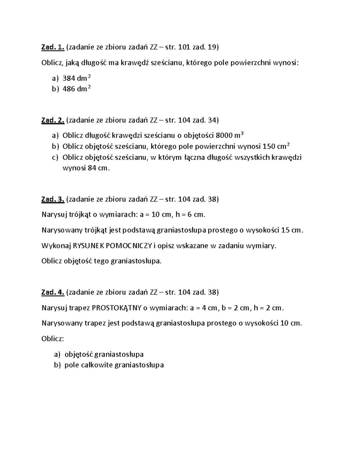 GraniastosŁUPY - 5 klasa - zadania do samodzielnego rozwiązania - Zad