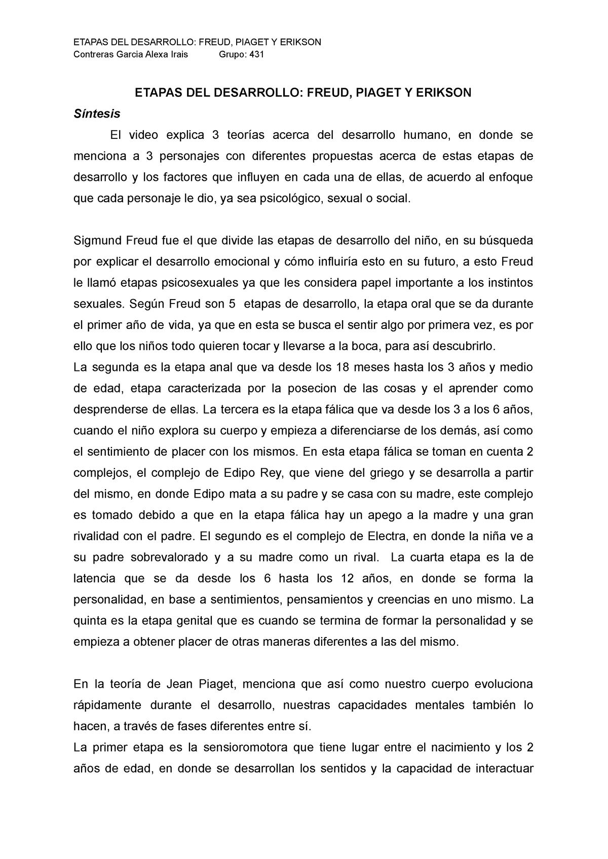 Etapas DEL Desarrollo Freud Piaget Y Erikson Contreras Garcia