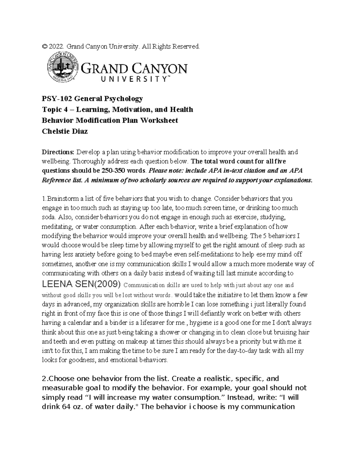 Behavior mod plan - mod plan - © 2022. Grand Canyon University. All ...