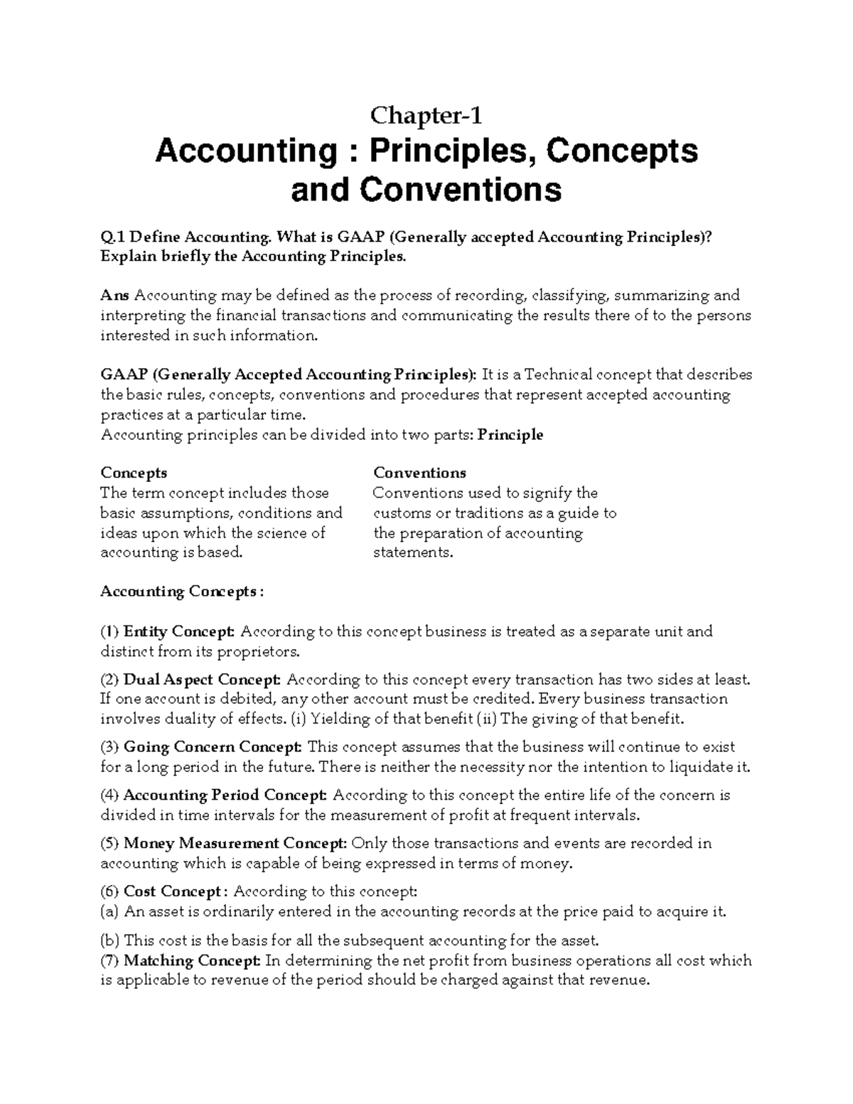 Chapter 1 Accounting Principles Concepts and conventions Chapter