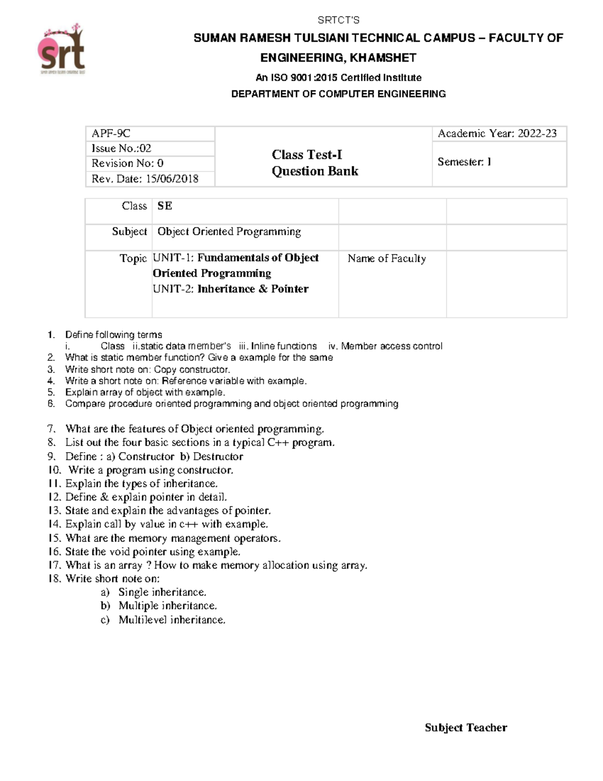 OOP Question Bank - eee - SRTCT’S SUMAN RAMESH TULSIANI TECHNICAL ...