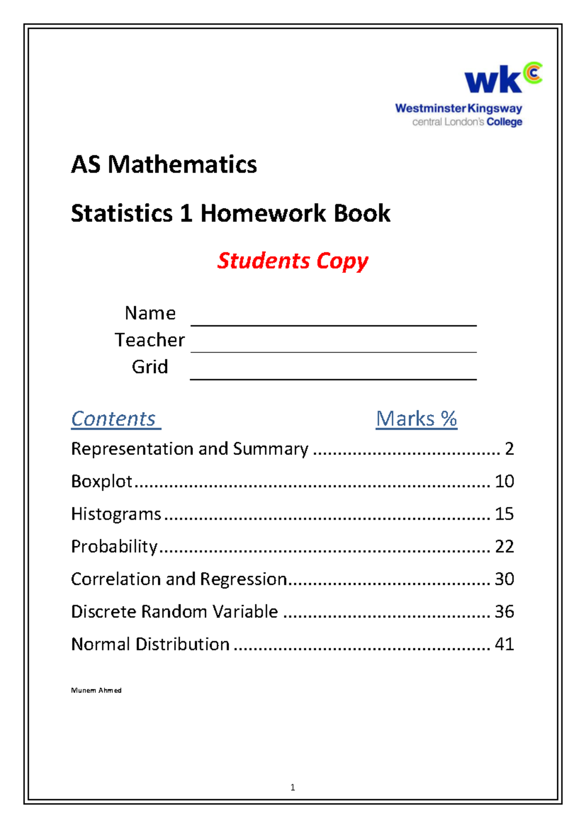 S1 HW Booklet Students Copy - AS Mathematics Statistics 1 Homework Book ...