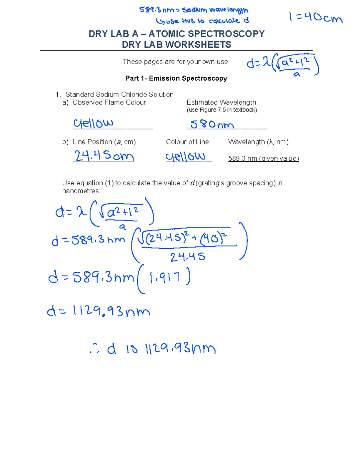 F22 CHEM1040 Dry Lab A Data Sheets - DRY LAB WORKSHEETS These Pages Are ...