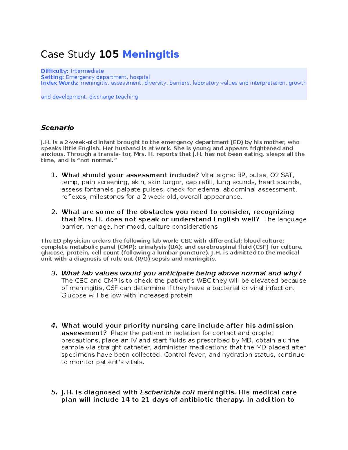 meningitis case study nursing