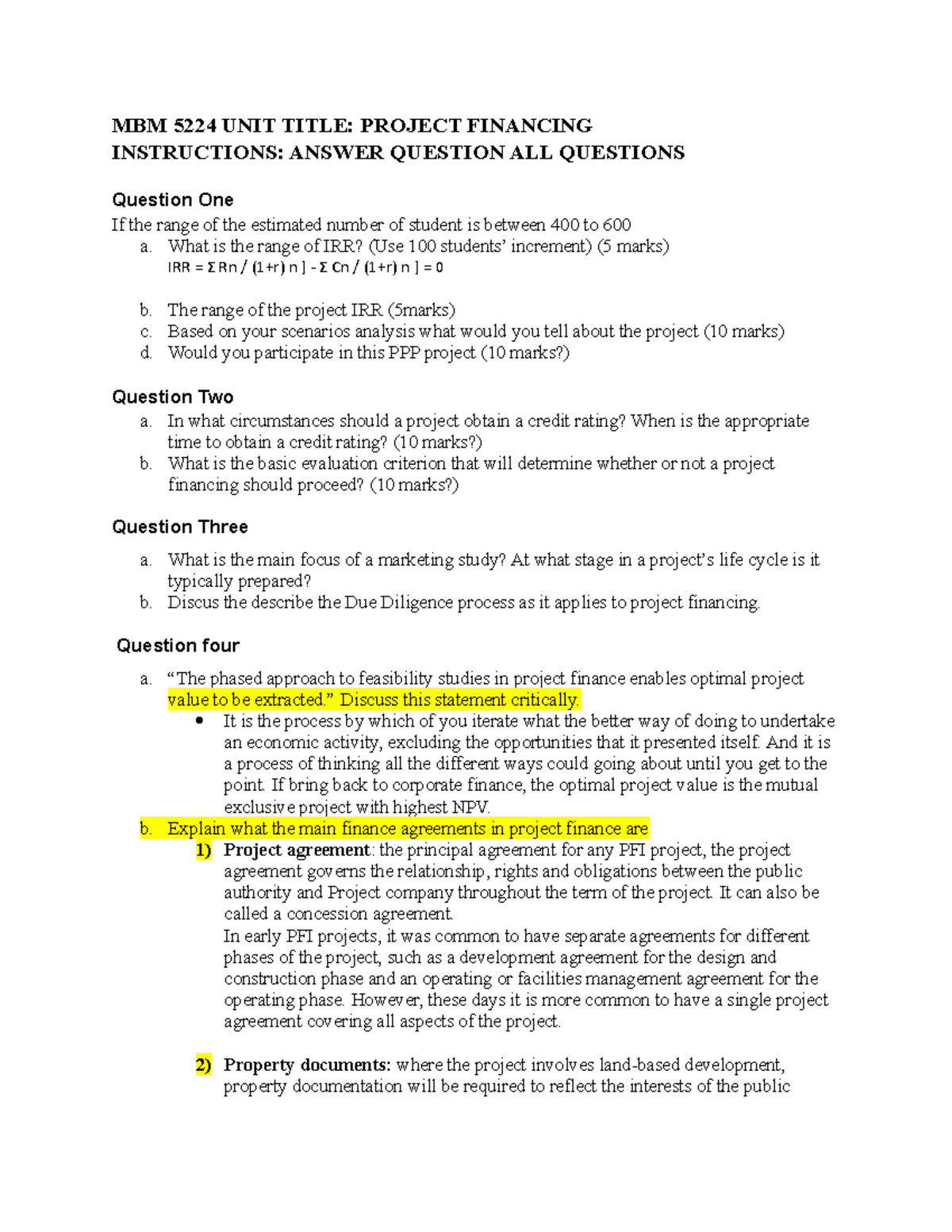 Project Financing MBM 5224 UNIT Title - MBM 5224 UNIT TITLE: PROJECT ...