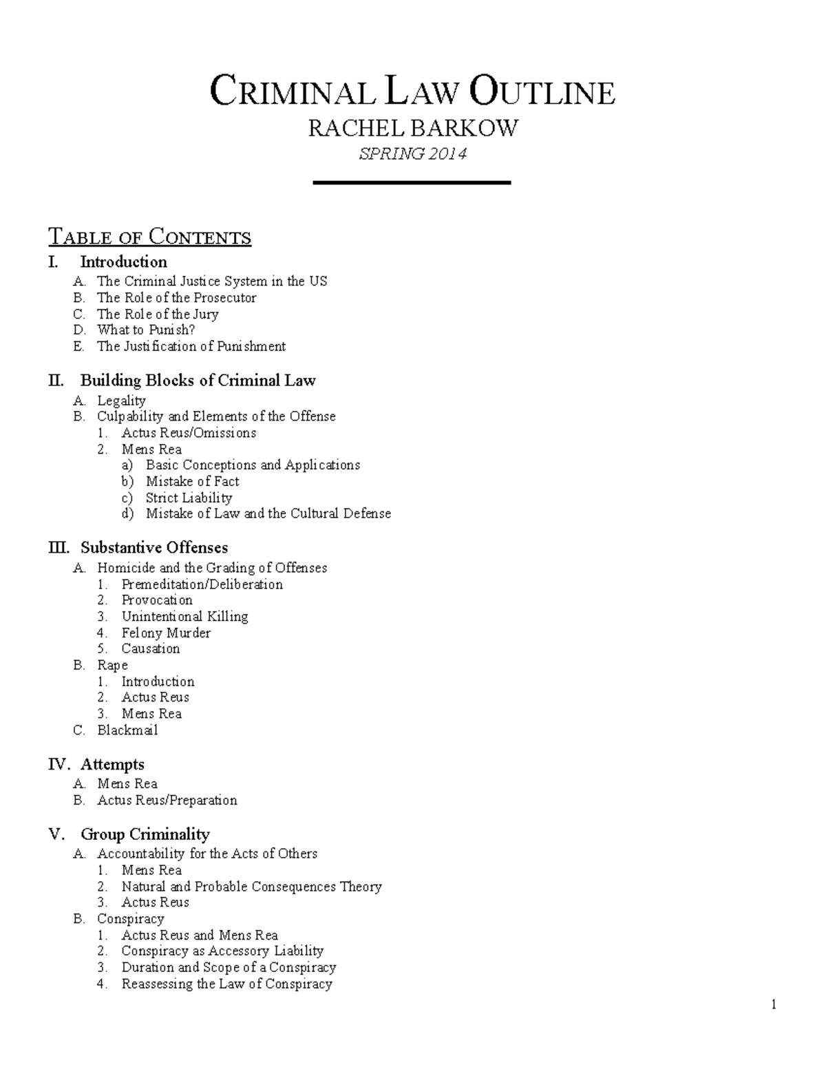 Barkow.Crim - CRIMINAL LAW OUTLINE RACHEL BARKOW SPRING 2014 TABLE OF ...