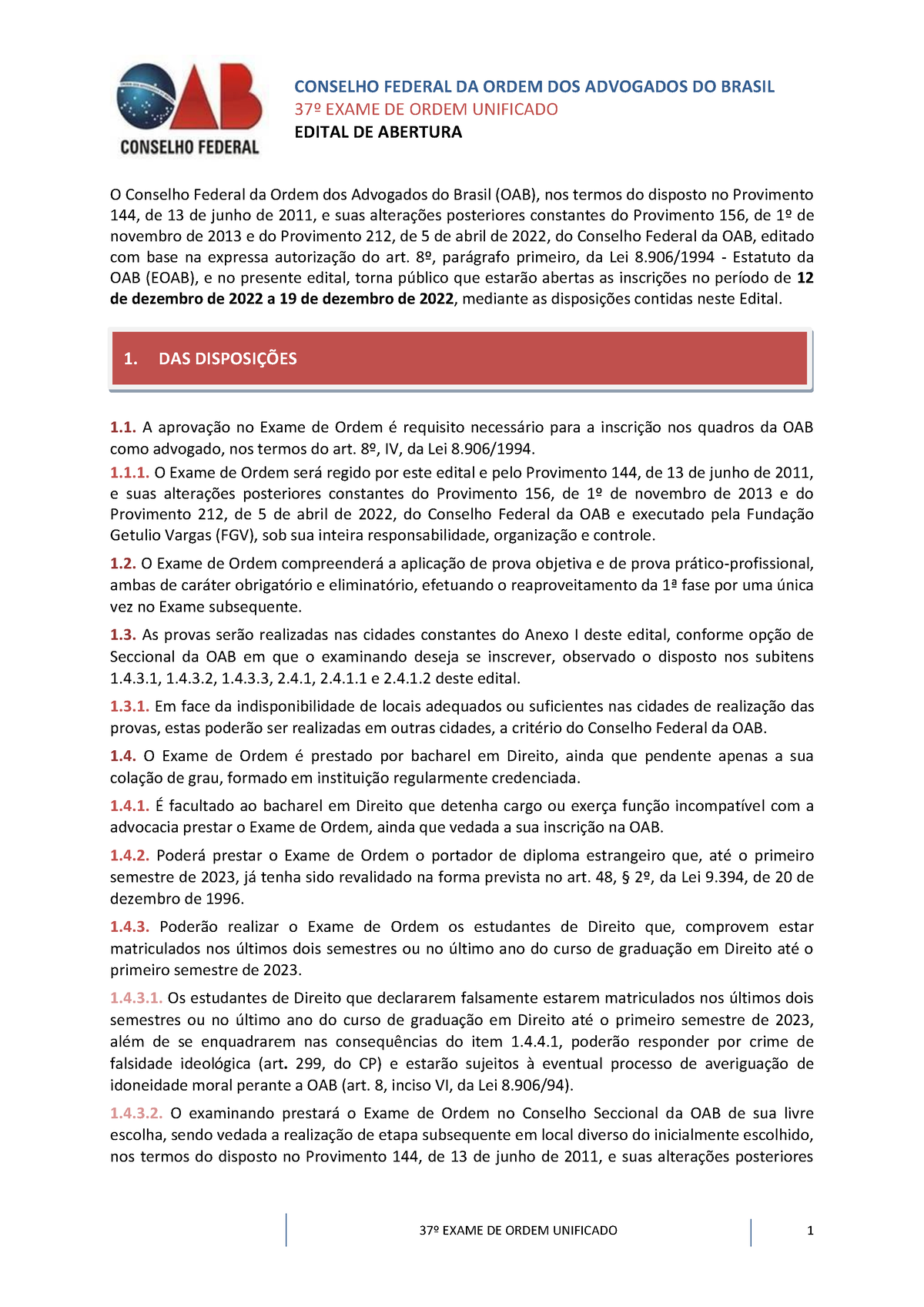 2023.1 (37º EOU) - Edital OAB - 37º EXAME DE ORDEM UNIFICADO EDITAL DE ...