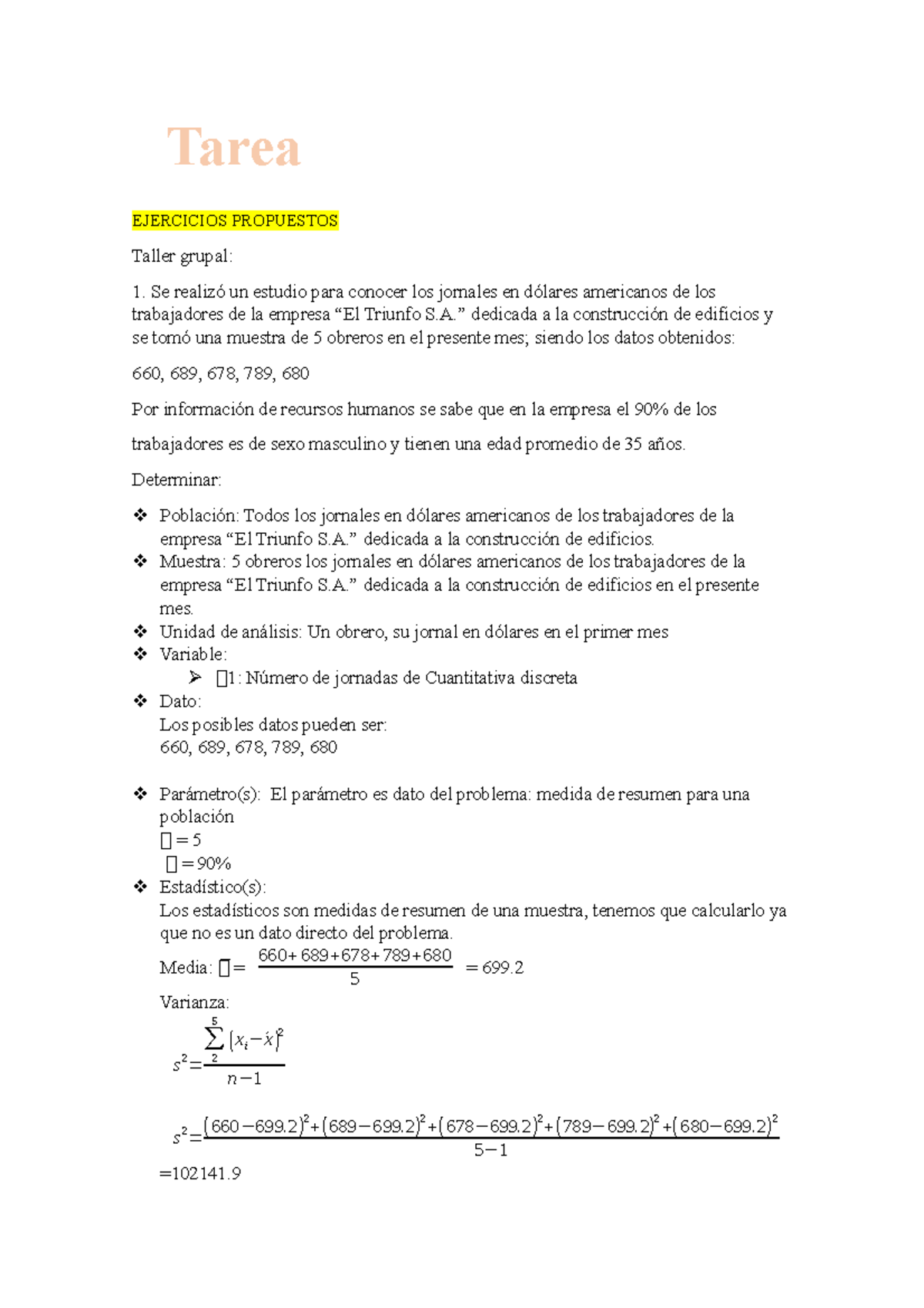 Tarea Semana 1 Estadistica - EJERCICIOS PROPUESTOS Taller Grupal: Se ...