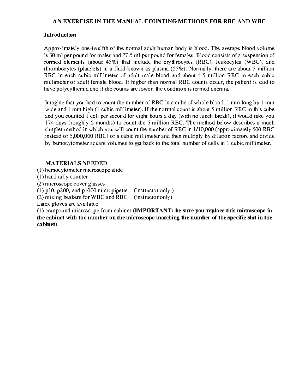 AN Exercise IN THE Manual Counting Methods FOR RBC AND WBC1 AN