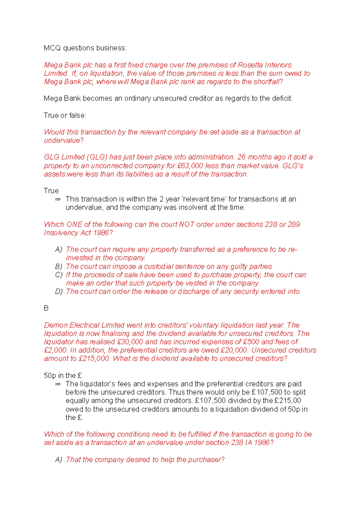 Mcq Questions Business Mcq Questions Business Mega Bank Plc Has A First Fixed Charge Over The Studocu