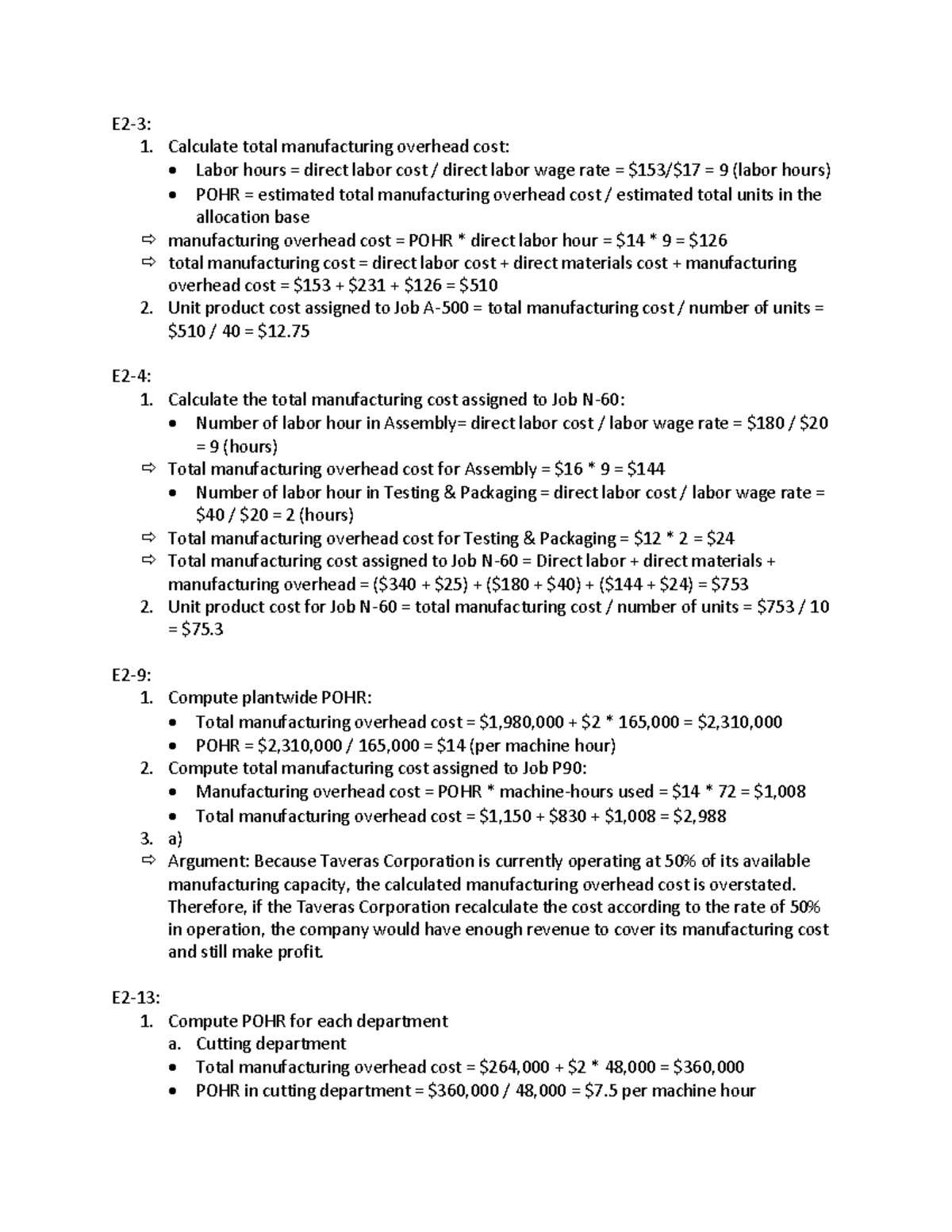 Homework Week 2 - E2-3: Calculate total manufacturing overhead cost ...