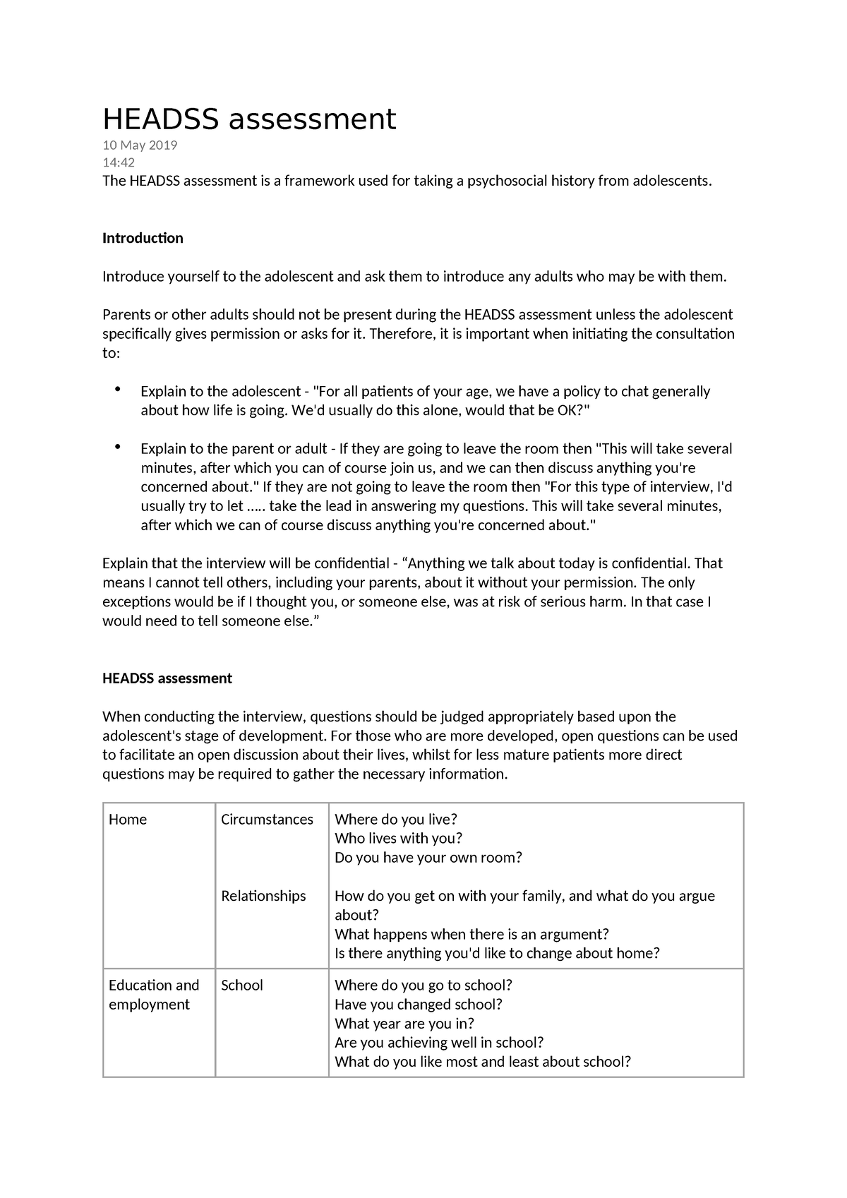 Headss assessment................ HEADSS assessment 10 May