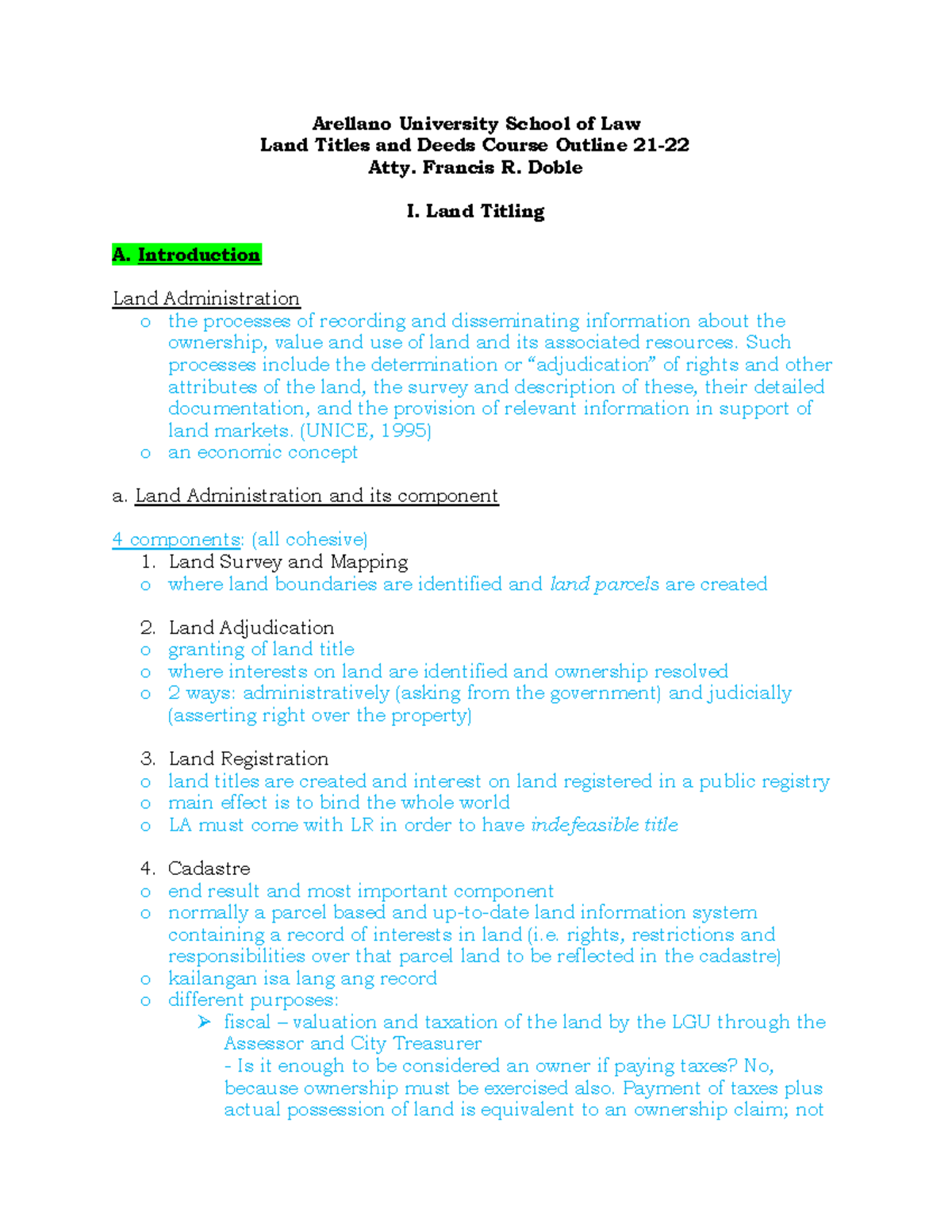 Land Titling Notes - Arellano University School Of Law Land Titles And ...