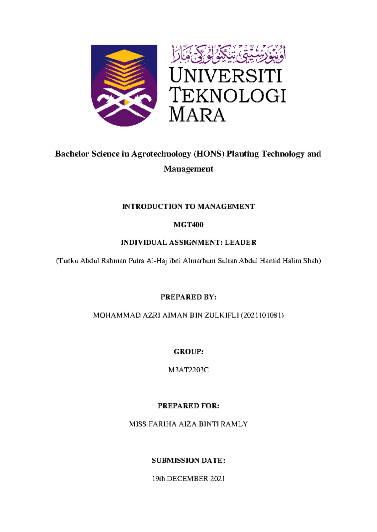 MGT 400 Individual Assingment Report Mohammad AZRI Aiman BIN Zulkifli ...