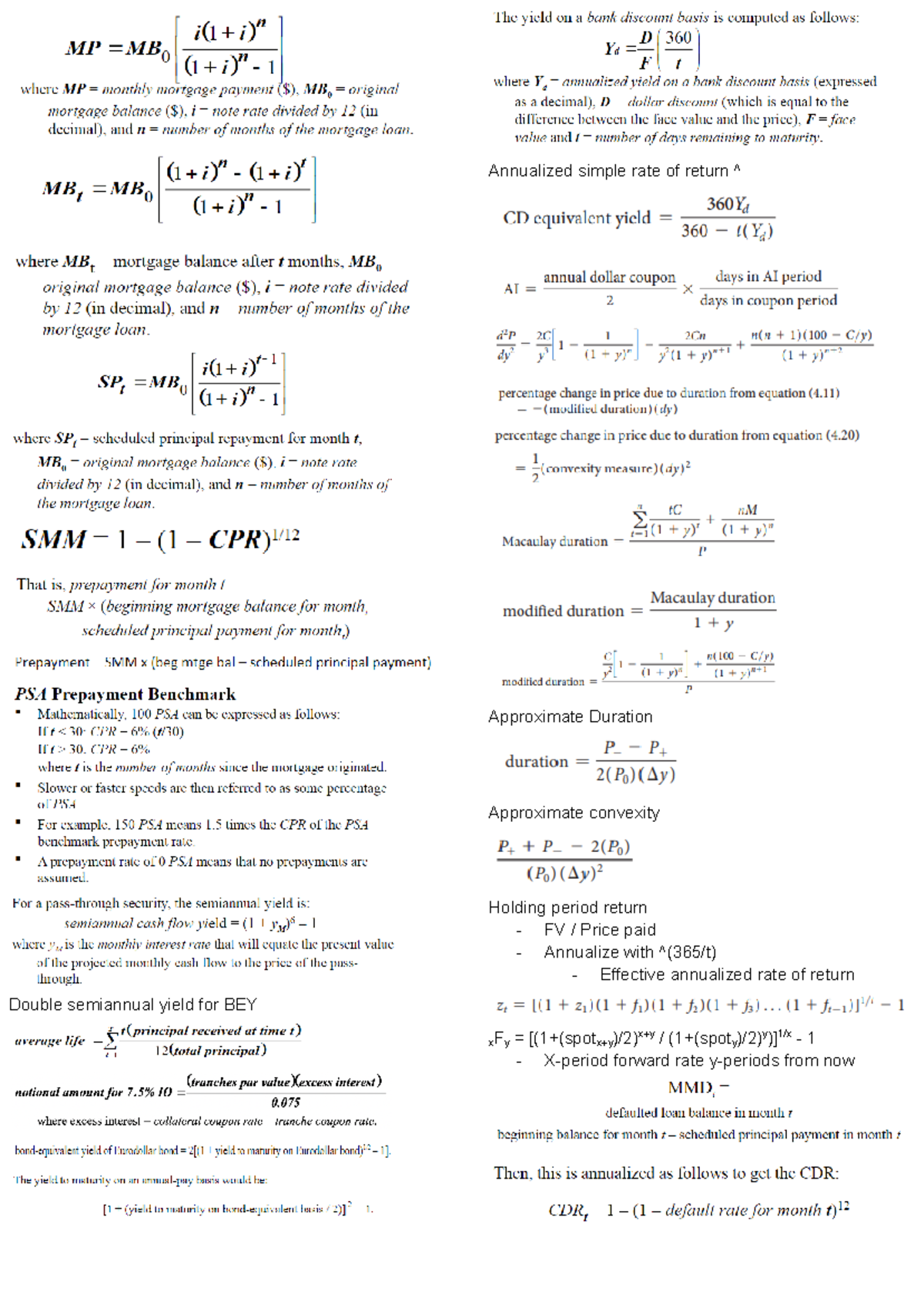BU449 Midterm Formula Sheet - BU449 - Double semiannual yield for BEY ...