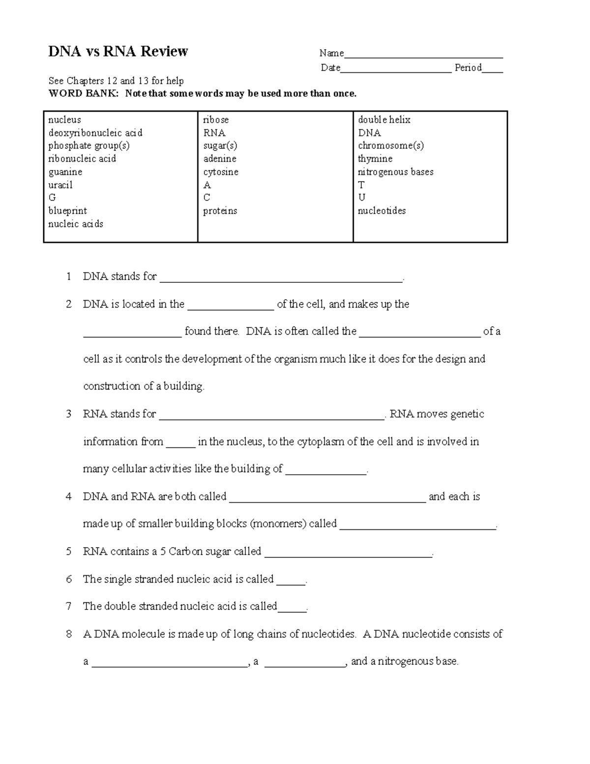 DNA vs RNA worksheet - DNA vs RNA Review Name ...