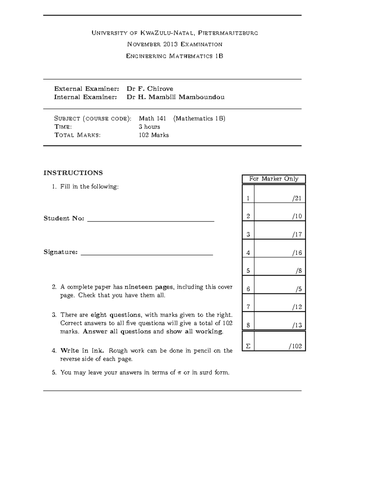 MATH141 Main (P)-2013 - Maths Past Paper - University of KwaZulu-Natal ...