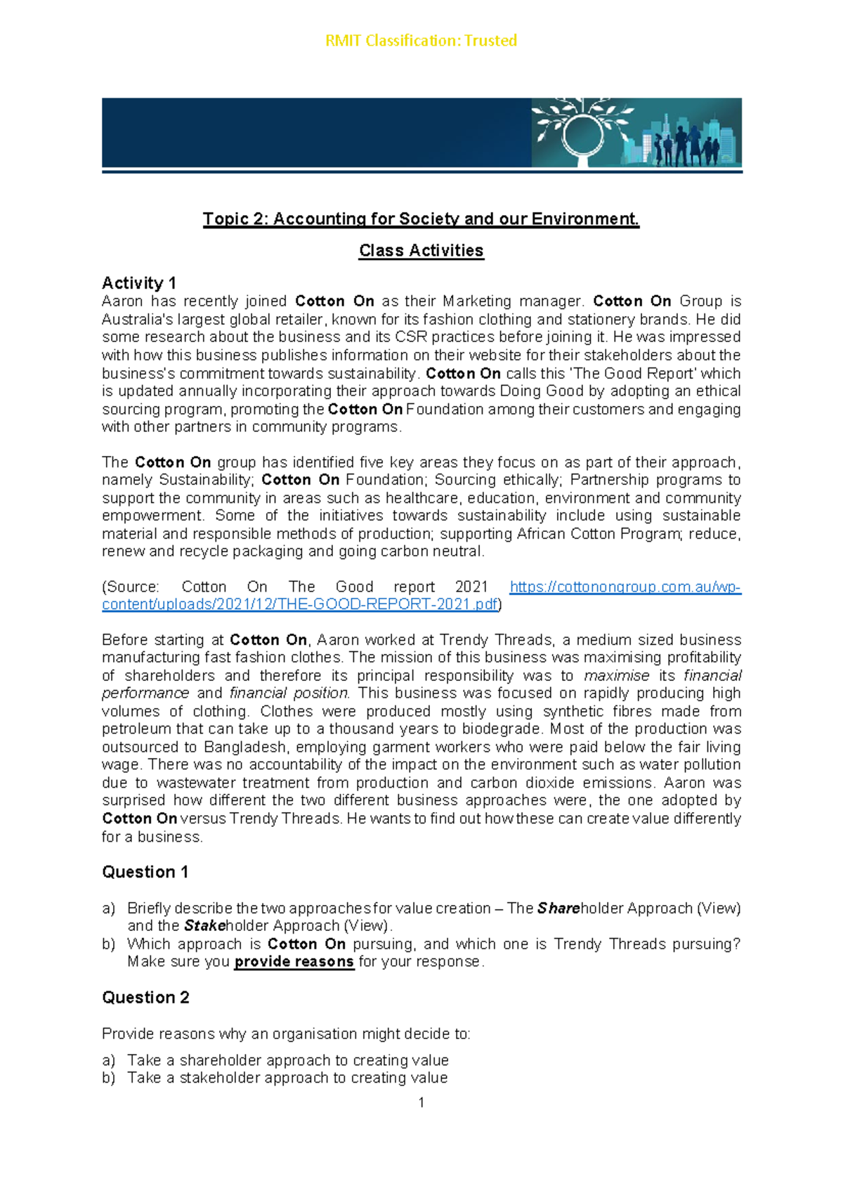 Accounting Organisations And Society Topic 2 Class Activities - 1 Accounting in Organisations and Society