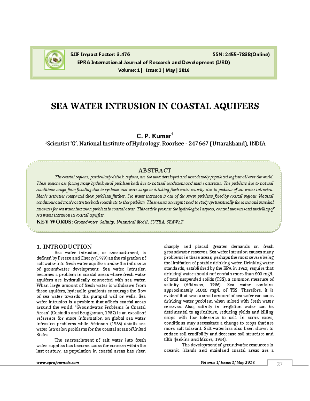 Sea Water Intrusion in Coastal Aquifers - SJIF Impact Factor: 3 SSN ...