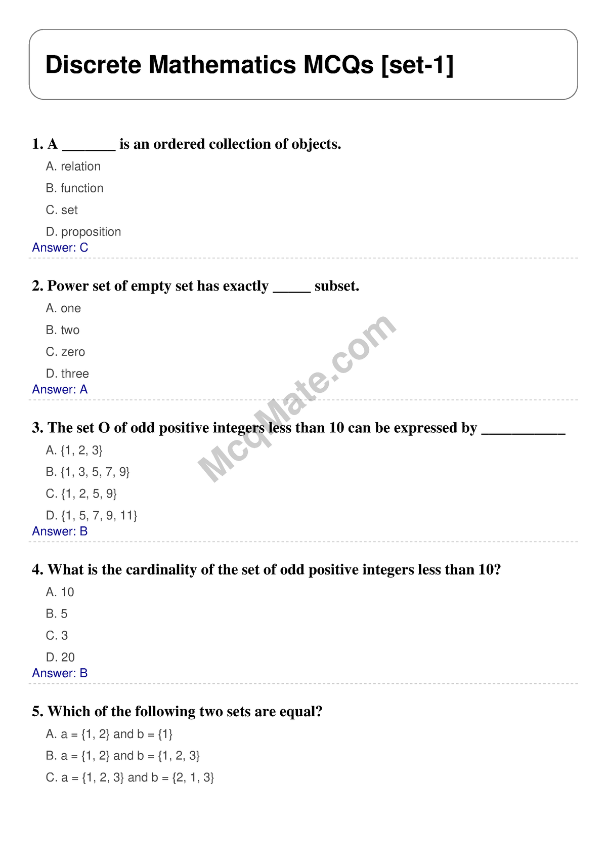 Discrete Mathematics Solved MCQs [set-1] Mcq Mate.com - McqMate ...