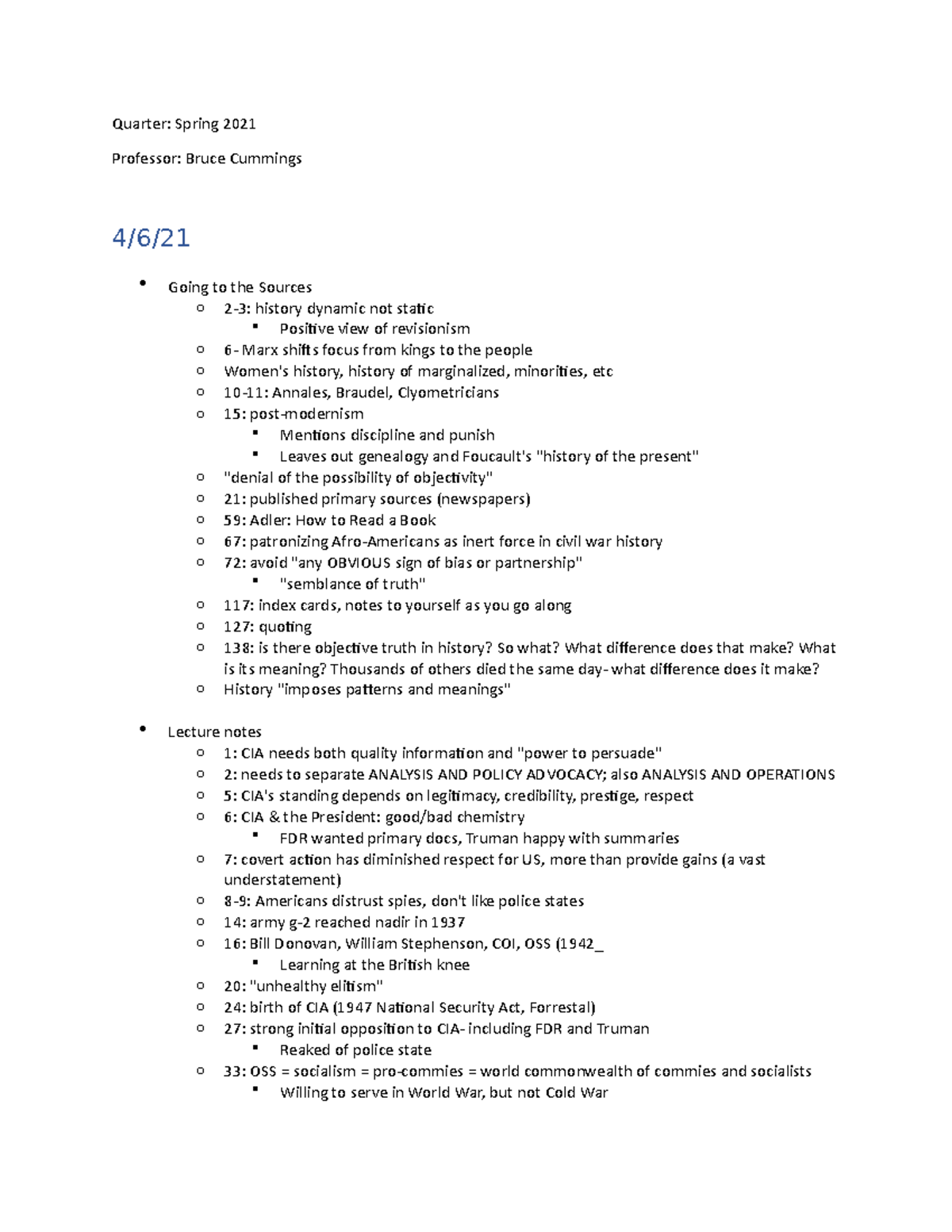 CIA Lecture Notes - Professor Bruce Cummings - Quarter: Spring 2021 ...