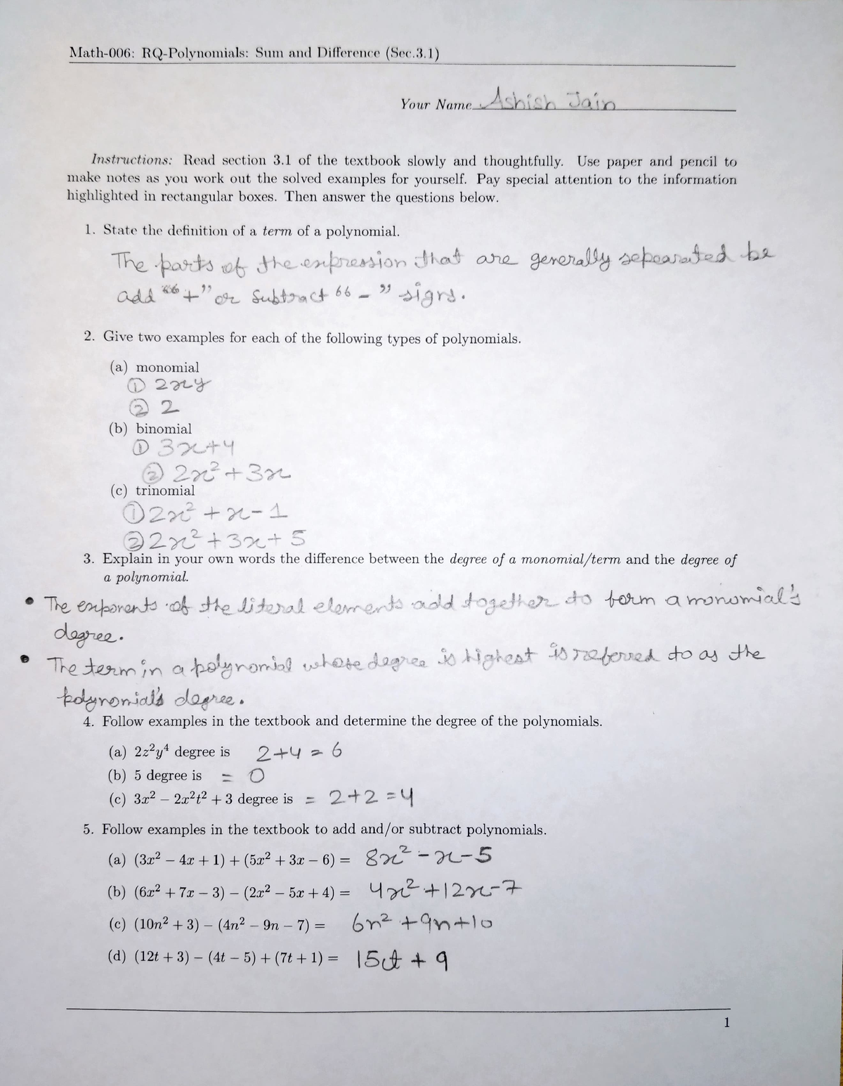 RQ3 - Reading Questions Homework - Math-006: RQ-Polynomials: Sum and ...