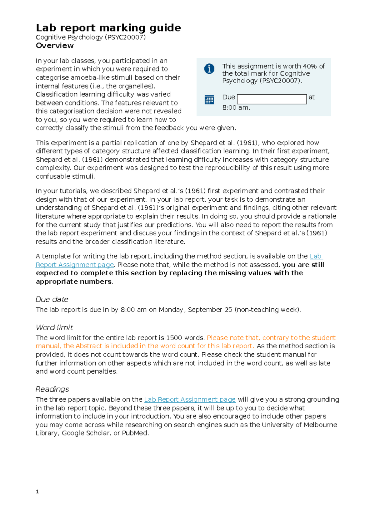 PSYC2007 lab report markingguide 2023 Lab report marking guide Cognitive Psychology