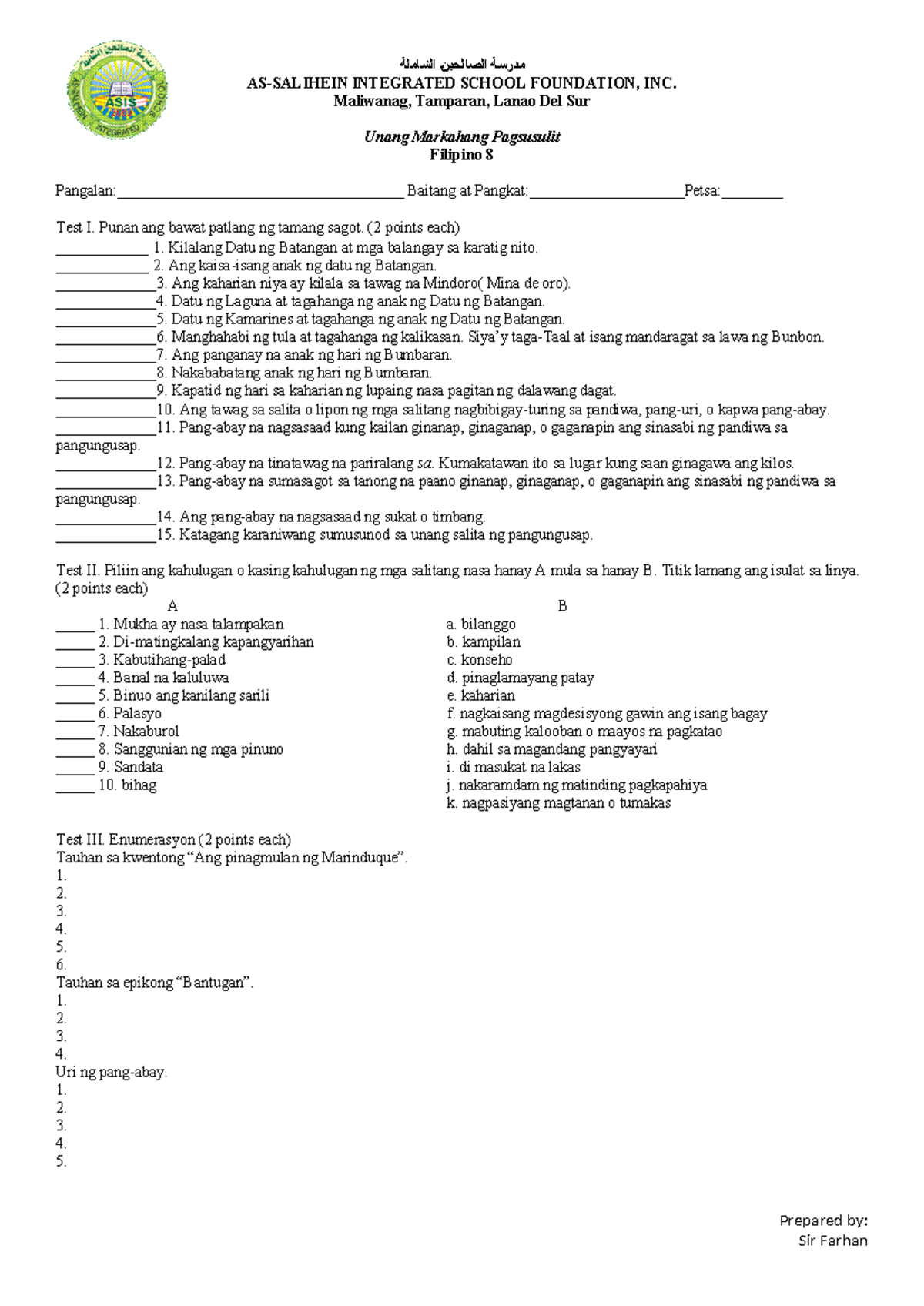 Filipino 8 exam - Sample test questionaire - مدرسة الصالحين الشاملة AS ...