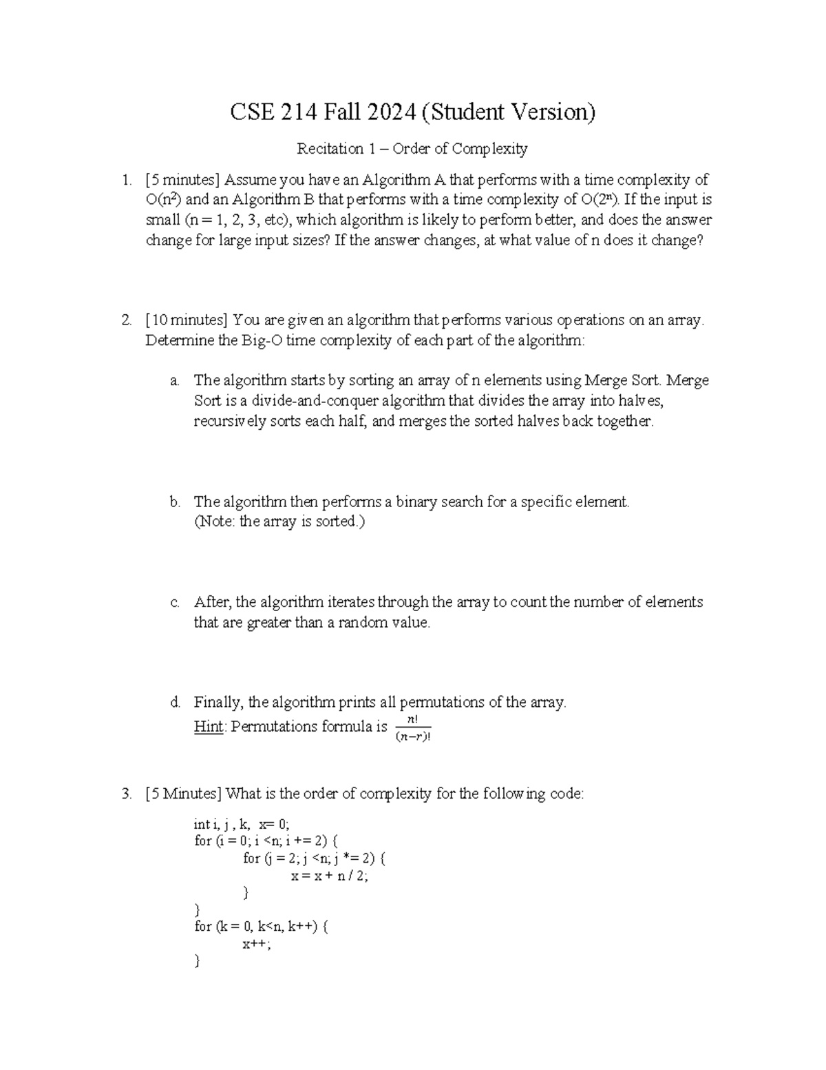 Recitation 1Student - CSE 214 Fall 2024 (Student Version) Recitation 1 ...