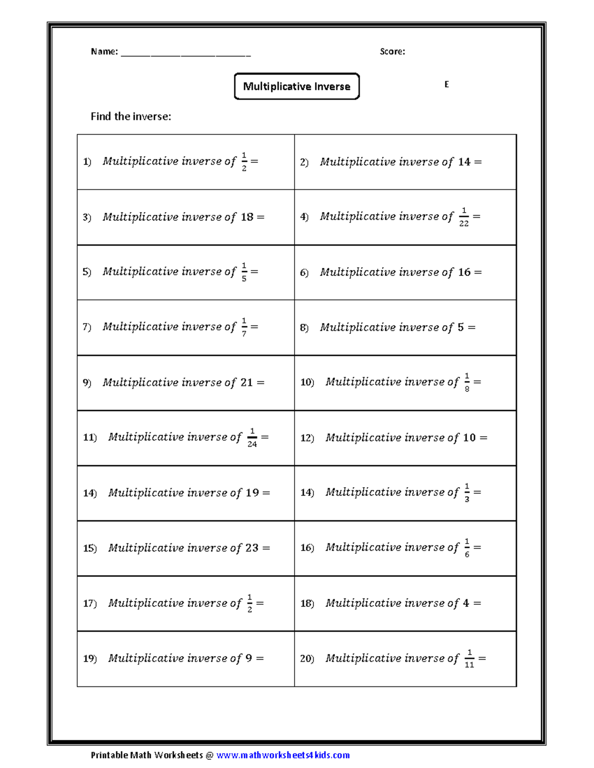 Inverse-easy - Math - Name: __________________________ Score: Printable ...